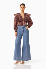 CURAAE Zamira Bell Sleeve Blouse in Brown Multi