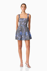 Allana Jacquard Mini Dress in Black & Blue Floral