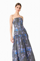 Allana Jacquard Strapless Gown in Black & Blue Floral