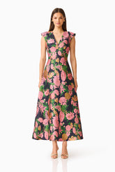 Eclore V-Neck Maxi Dress in Pink & Black Floral