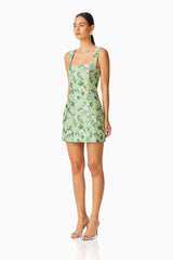 Christina Jacquard Mini Dress In Green Floral