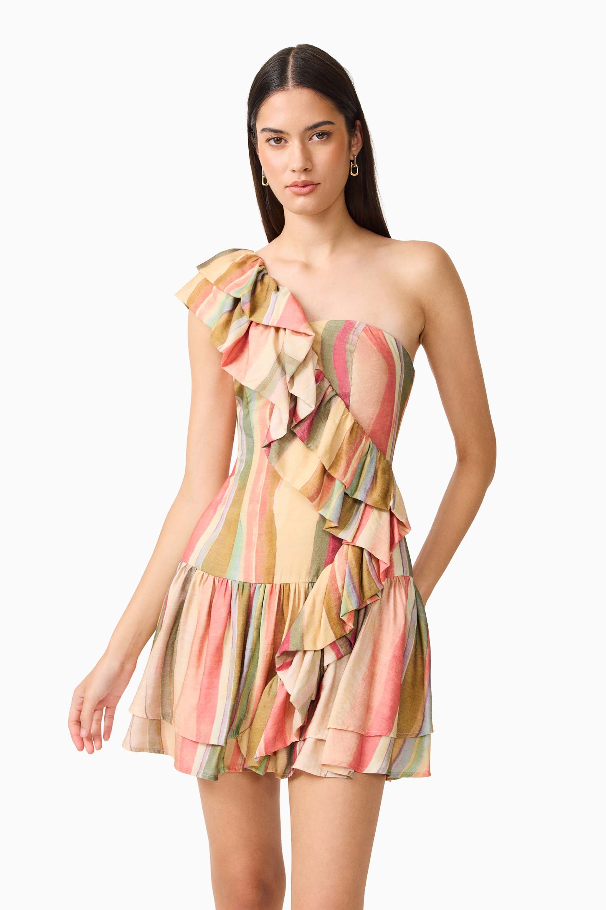 CURAAE Zala Ruffle Mini Dress in Striped Multi