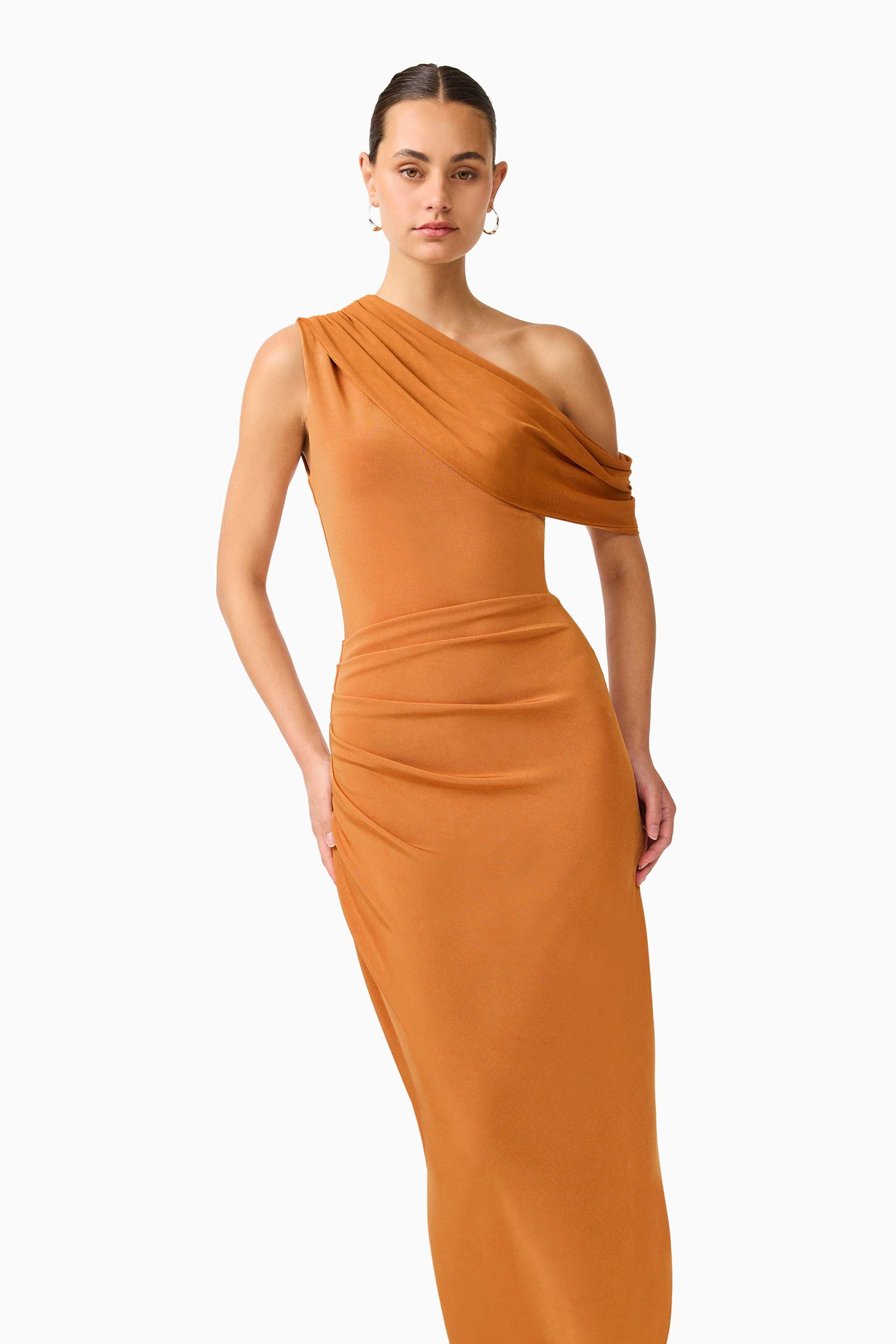 CURAAE Roya Off Shoulder Maxi Dress in Caramel Brown