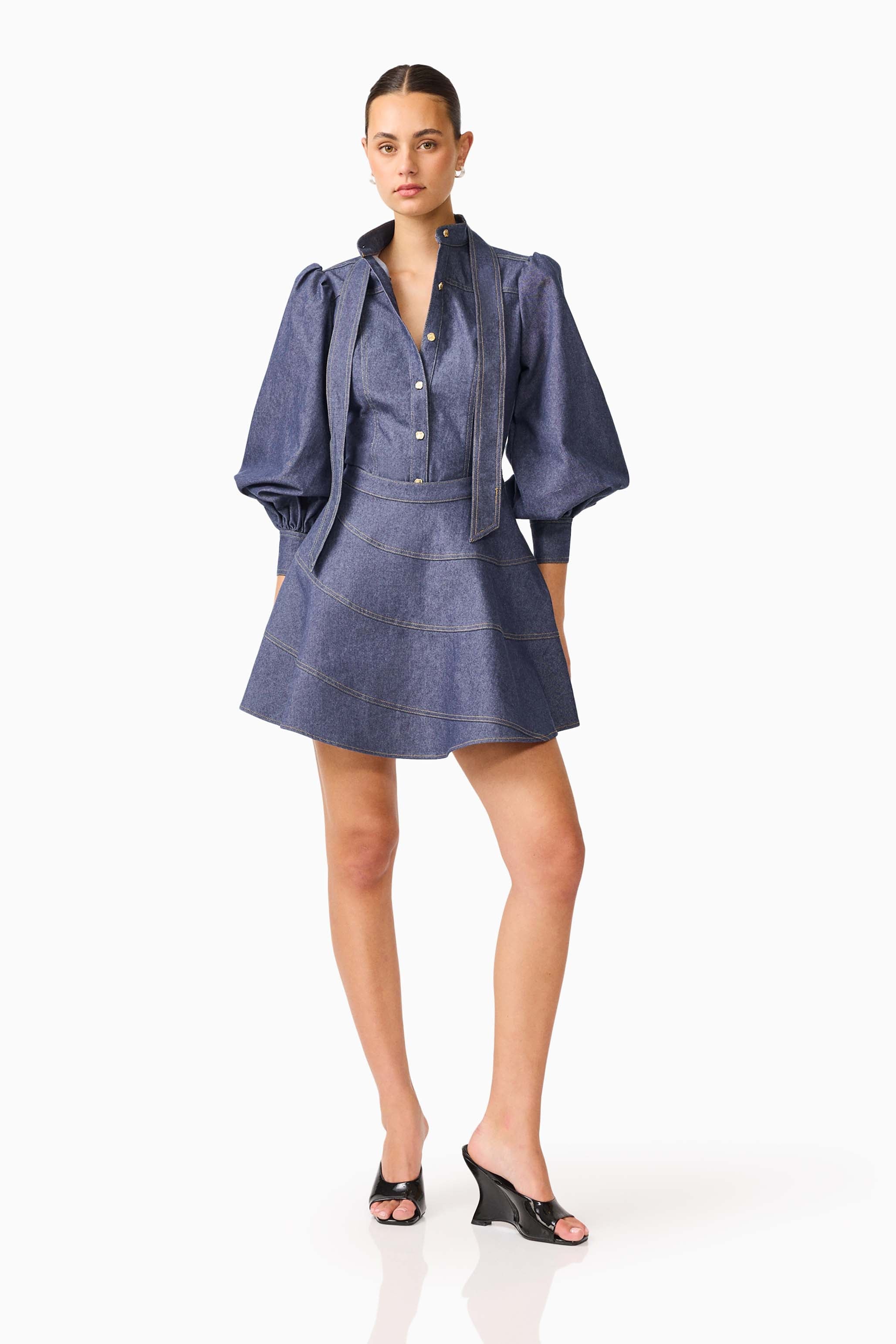CURAAE Vana Denim Blouse & Skirt Set in Blue