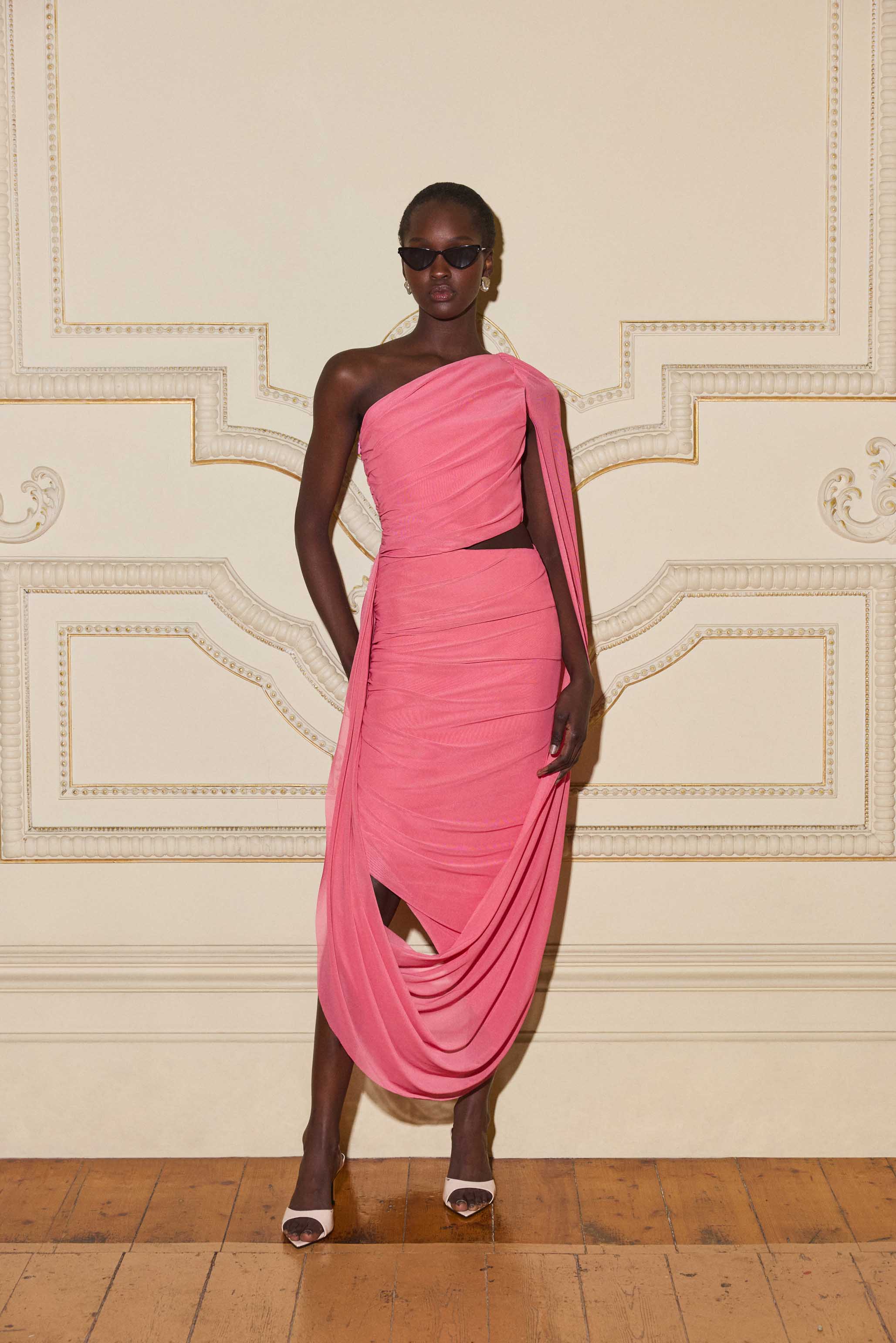 CURAAE Cleo One Shoulder Midi Dress in Pink