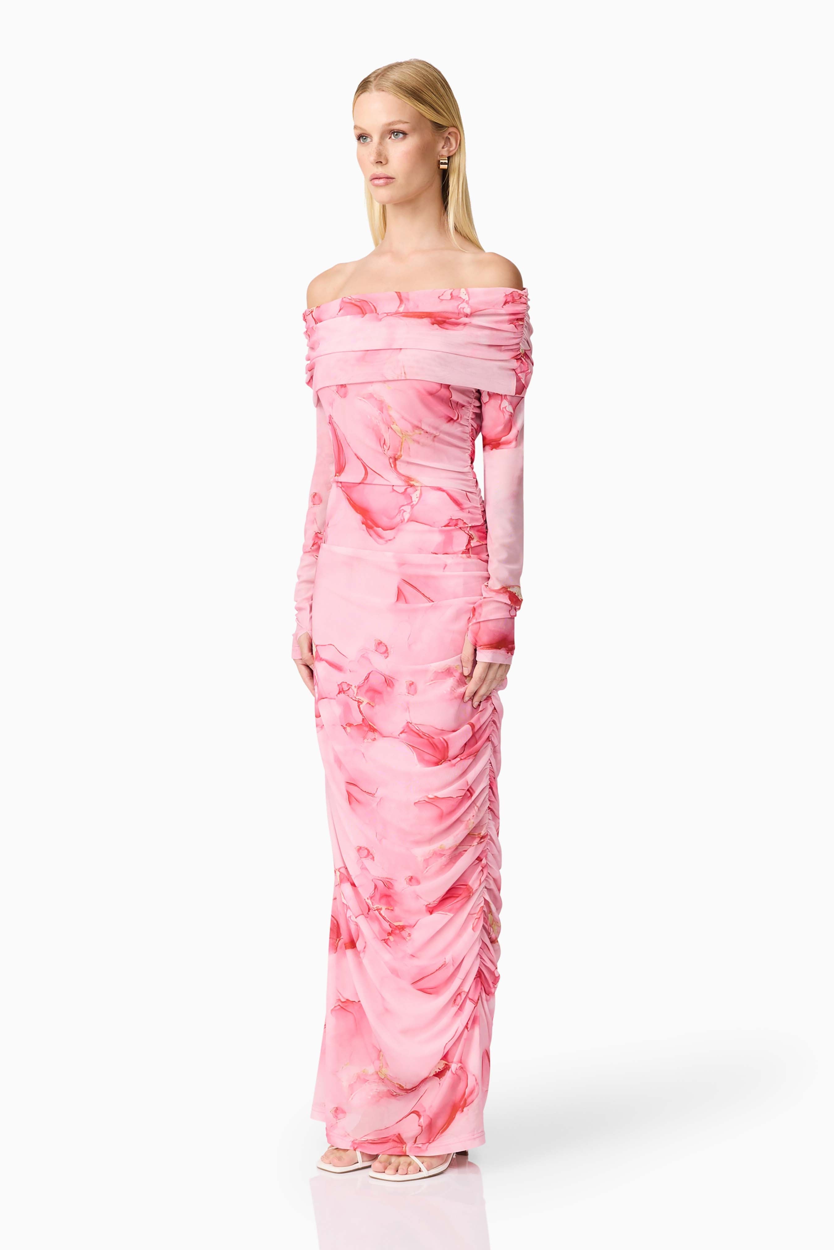 CURAAE Rosalia Off The Shoulder Maxi Dress in Pink Floral