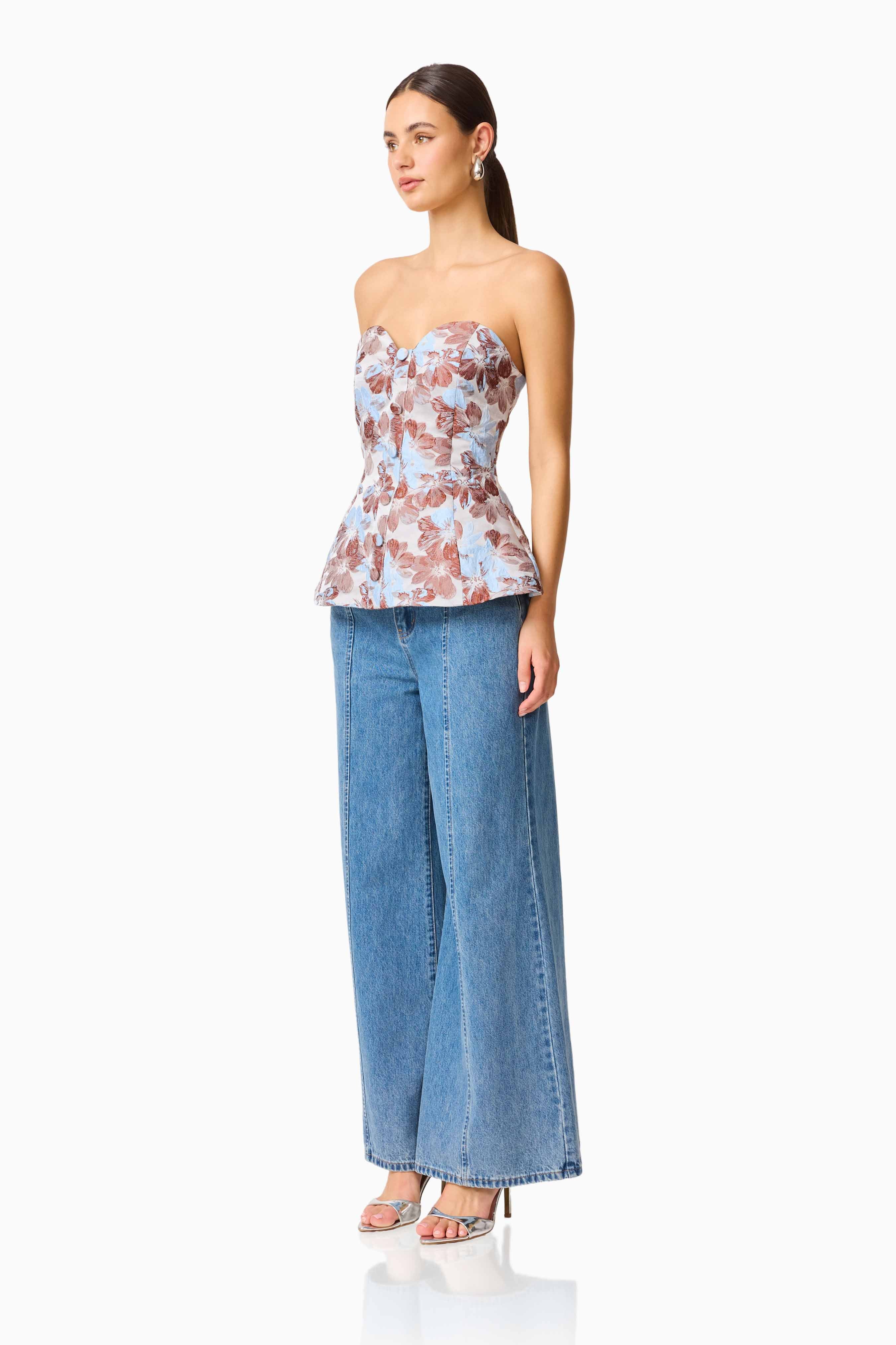 CURAAE Bloomette Strapless Top in Brown and Blue Floral