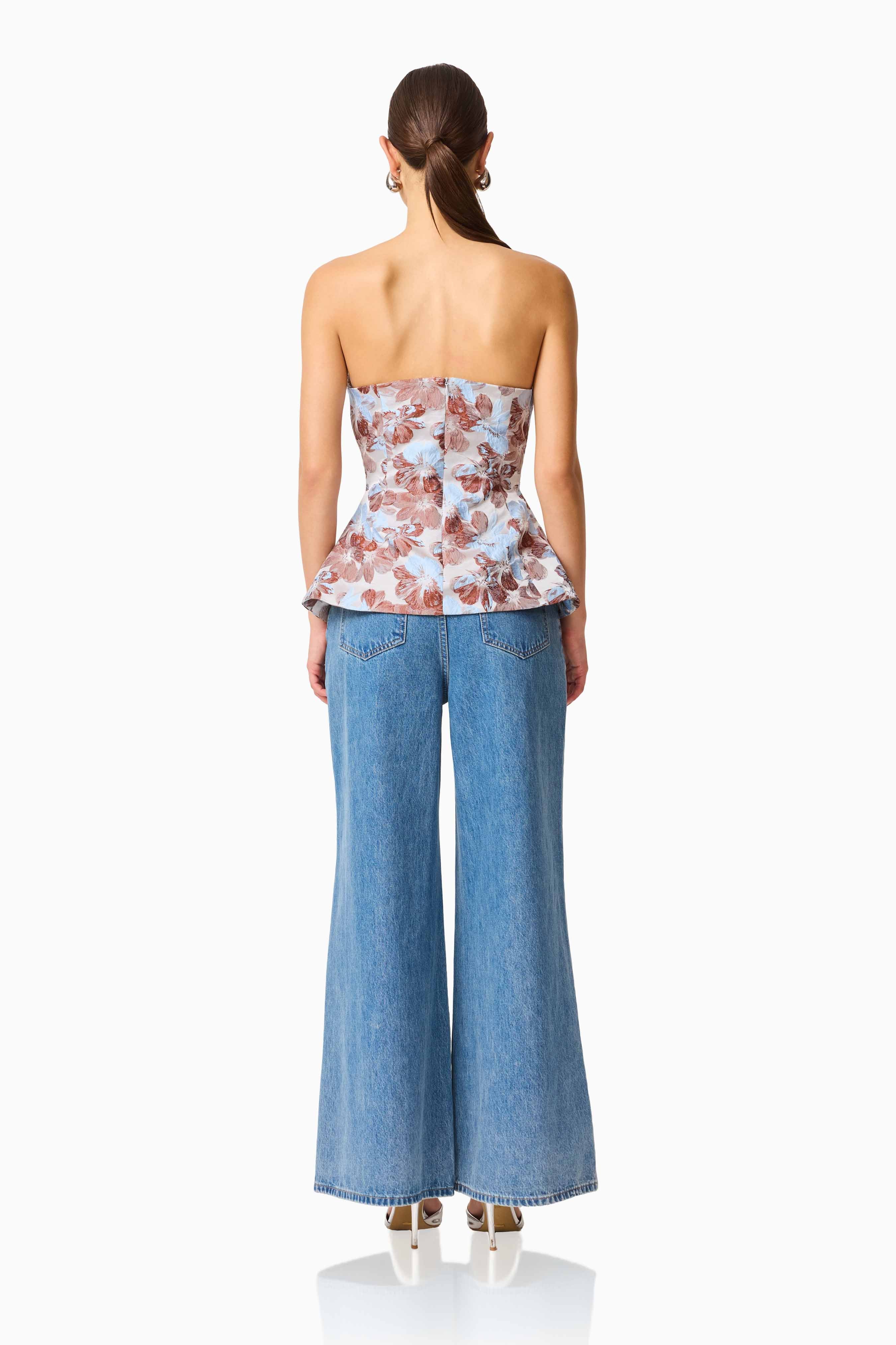 CURAAE Bloomette Strapless Top in Brown and Blue Floral