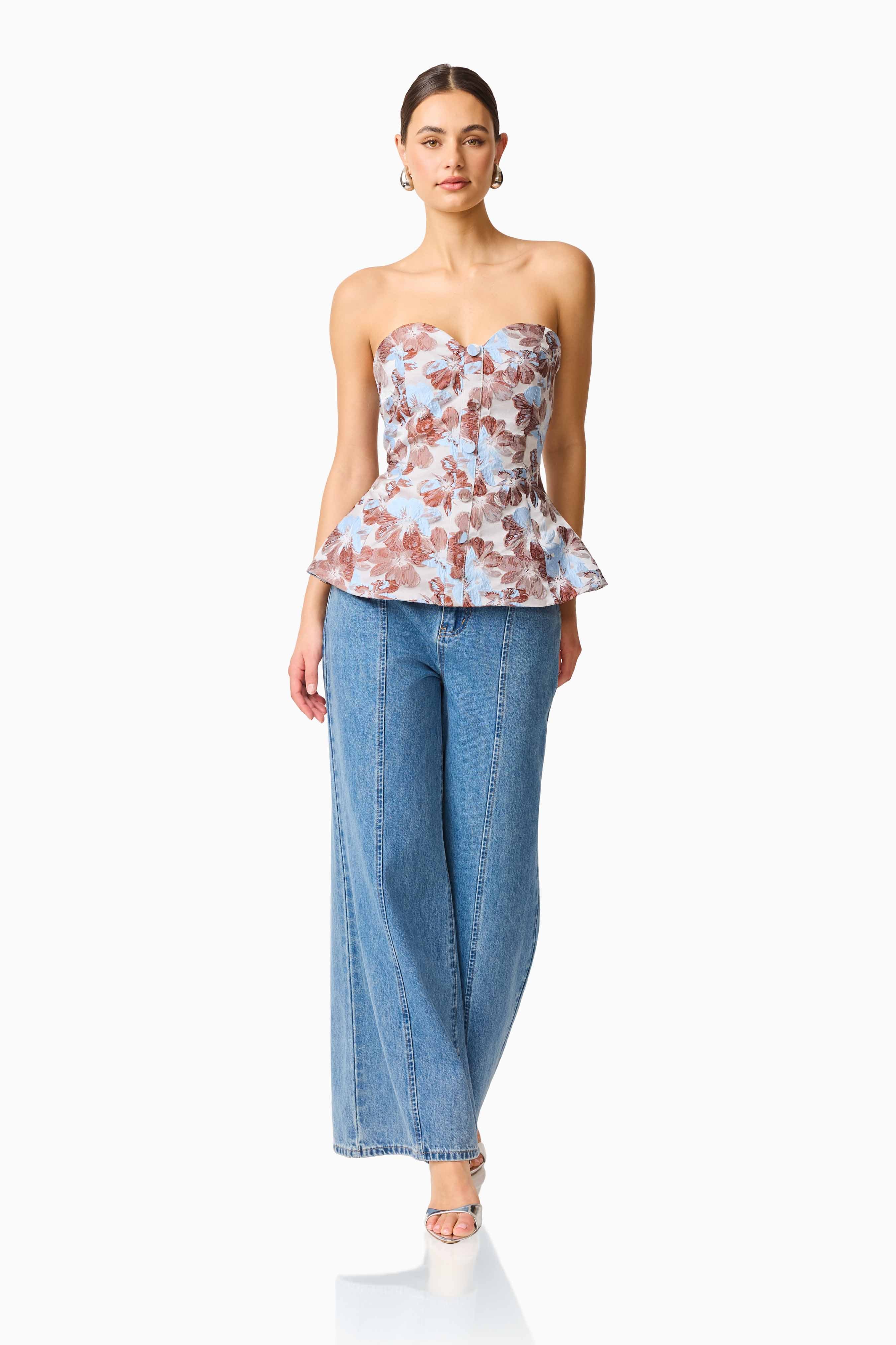 CURAAE Bloomette Strapless Top in Brown and Blue Floral