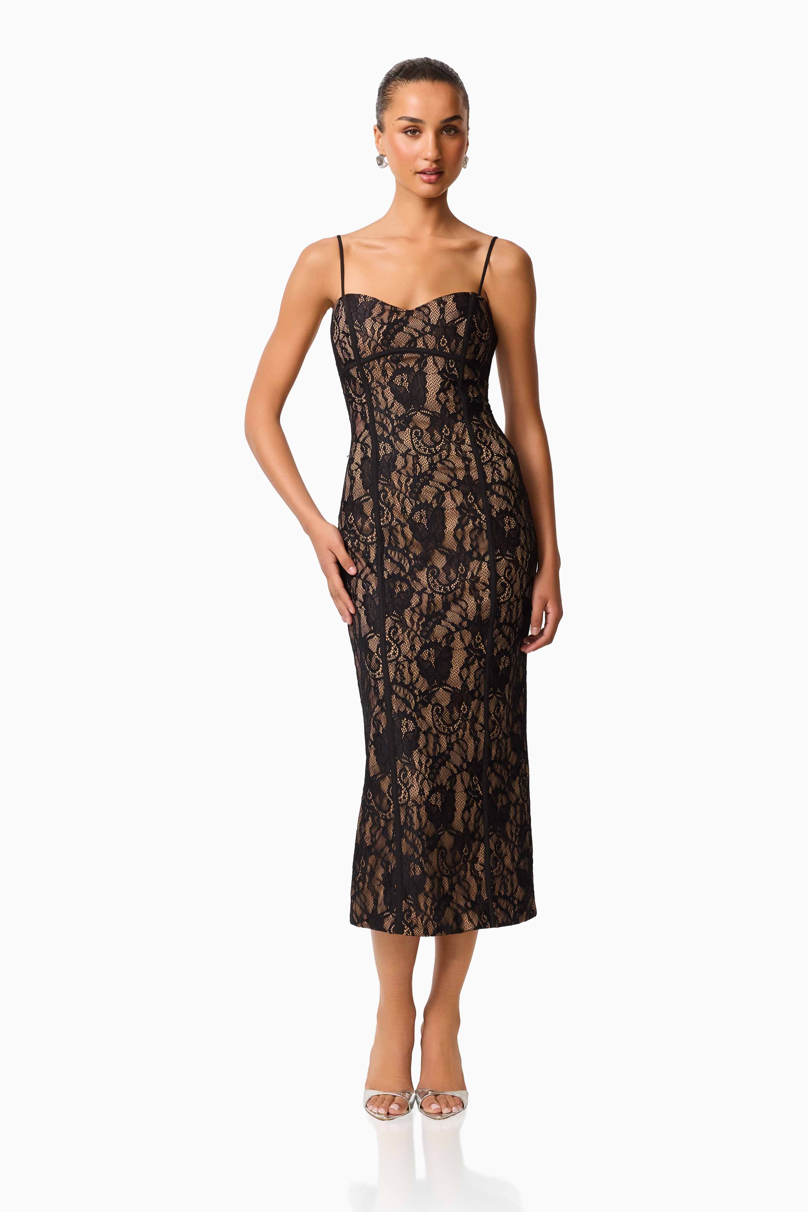CURAAE Astra Sweetheart Midi Dress in Black