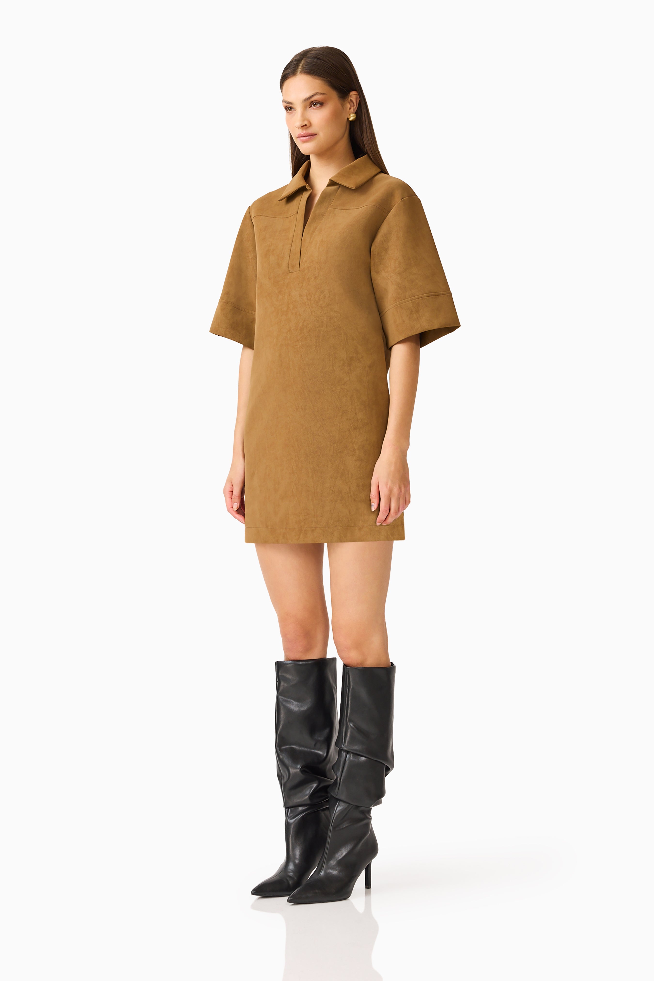 CURAAE Verdure Mini Shirt Dress in Caramel Brown