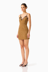 CURAAE Verdure Lace Trim Mini Dress in Caramel Brown