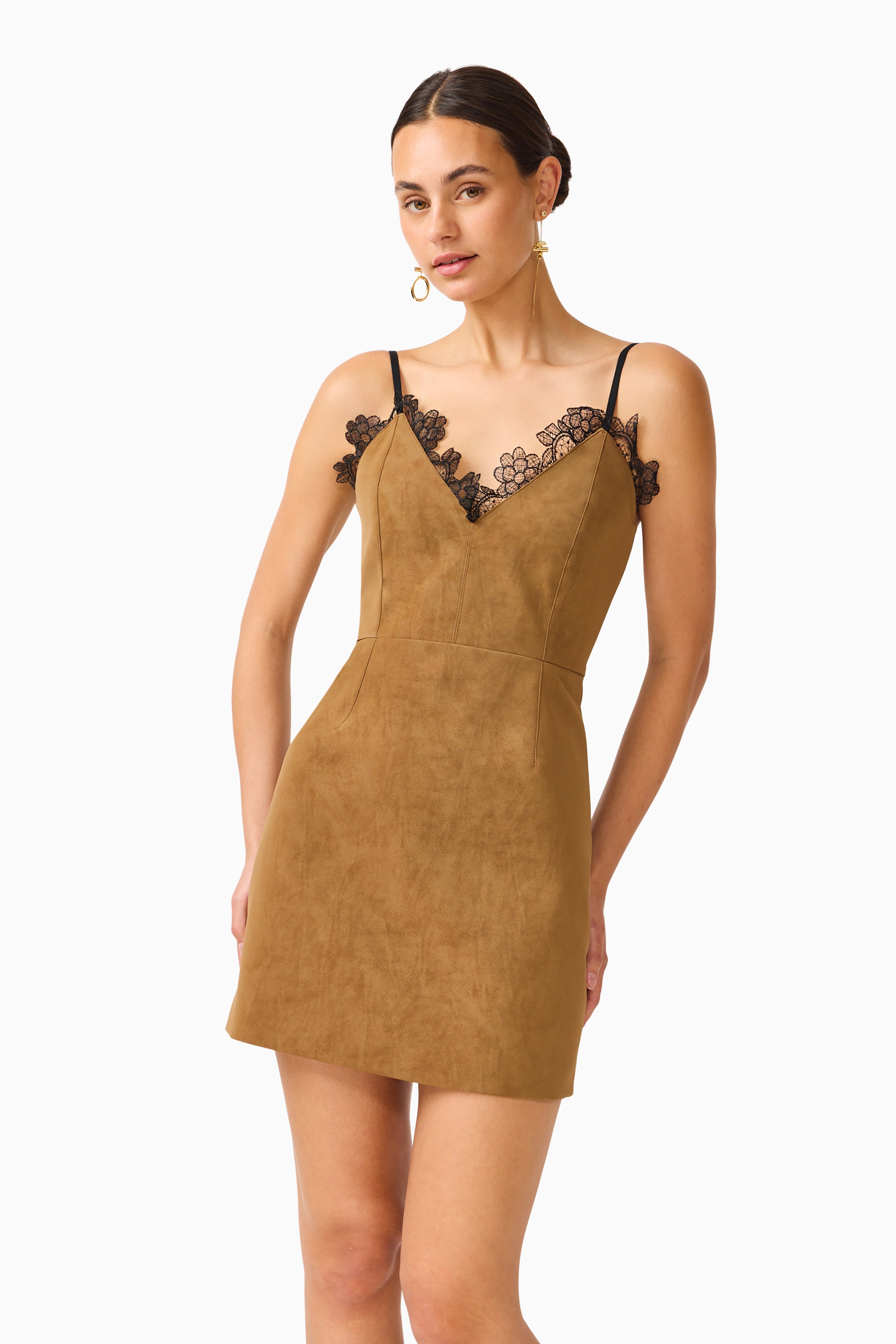 CURAAE Verdure Lace Trim Mini Dress in Caramel Brown
