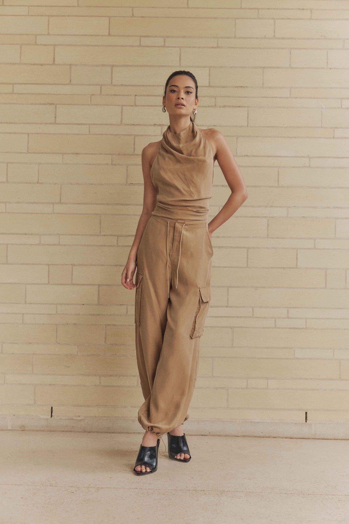CURAAE Amber Tie Back Halter Cowl Neck Top in Beige