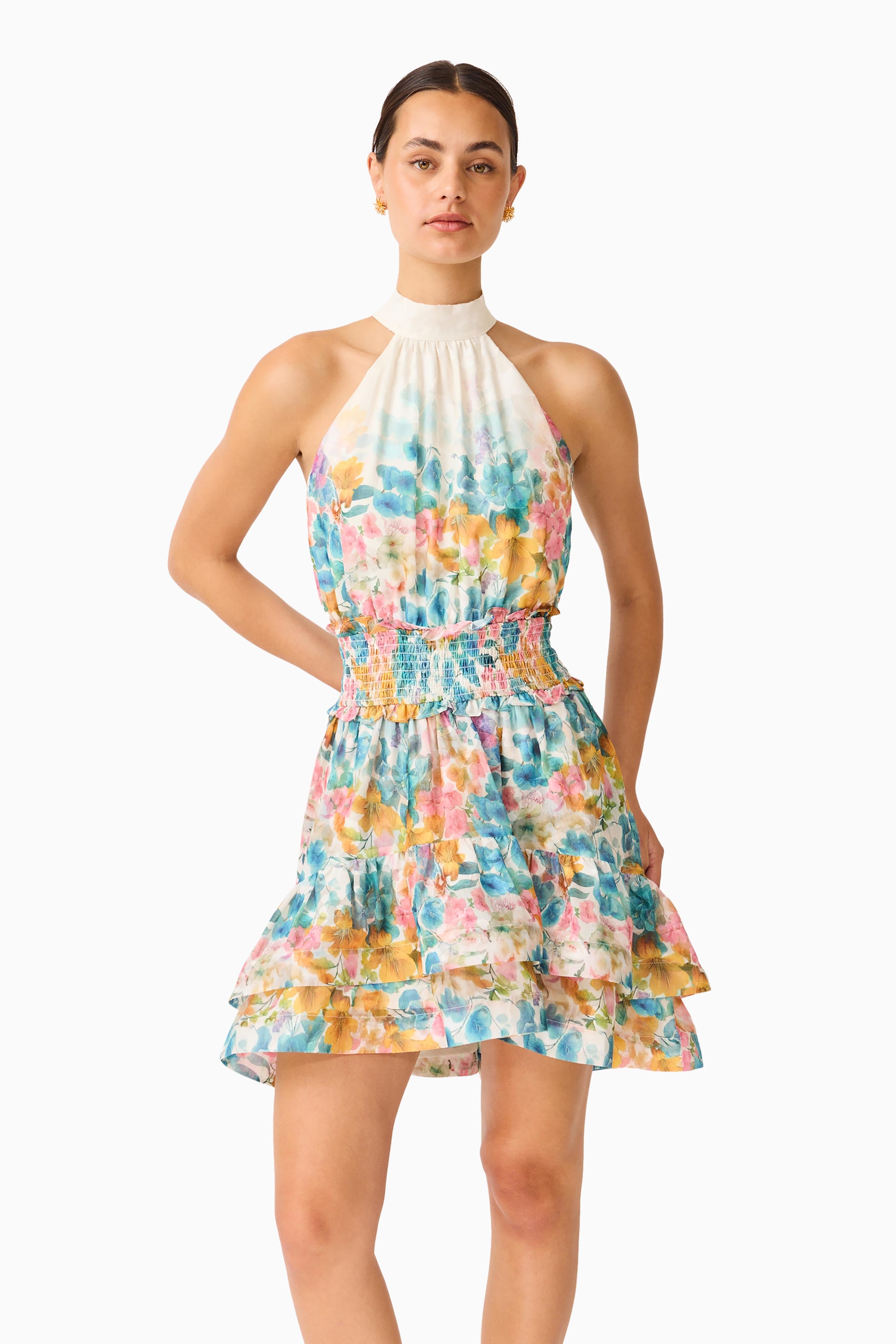 Clementina Halter Mini Dress in Multi Floral