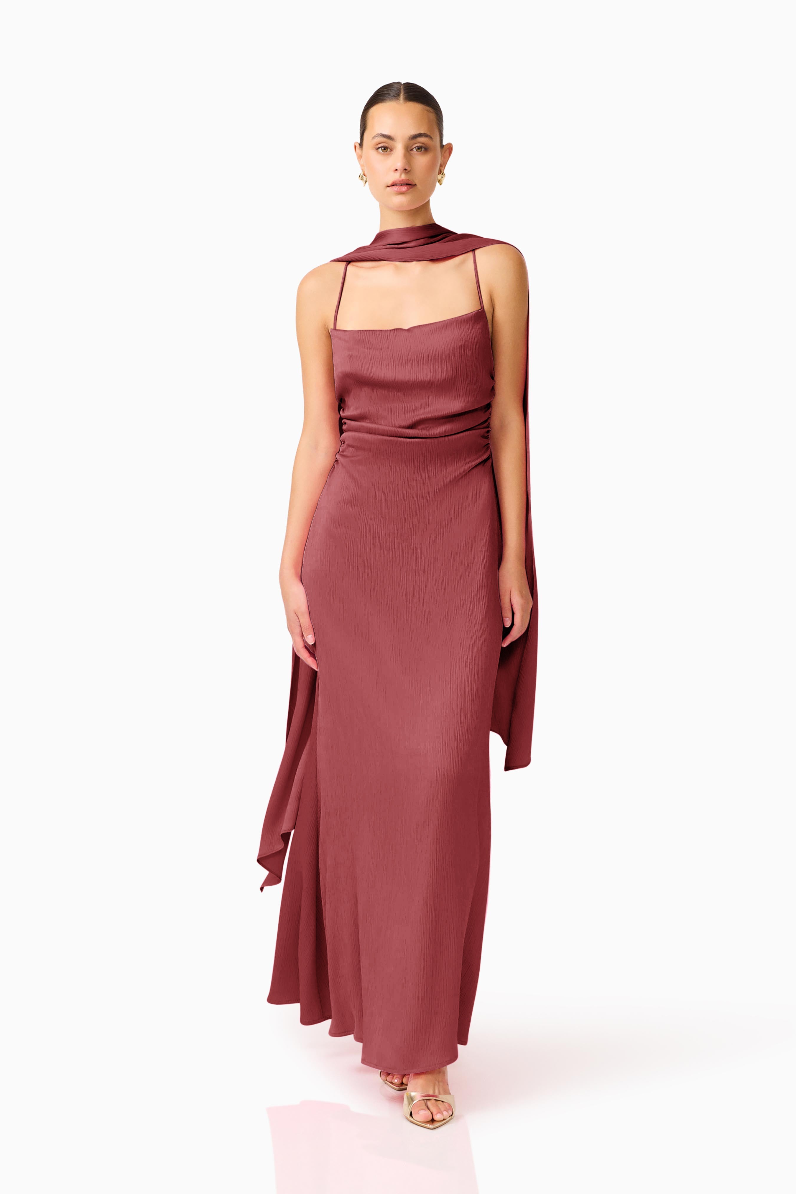 Calista Neck Scarf Gown in Burgundy