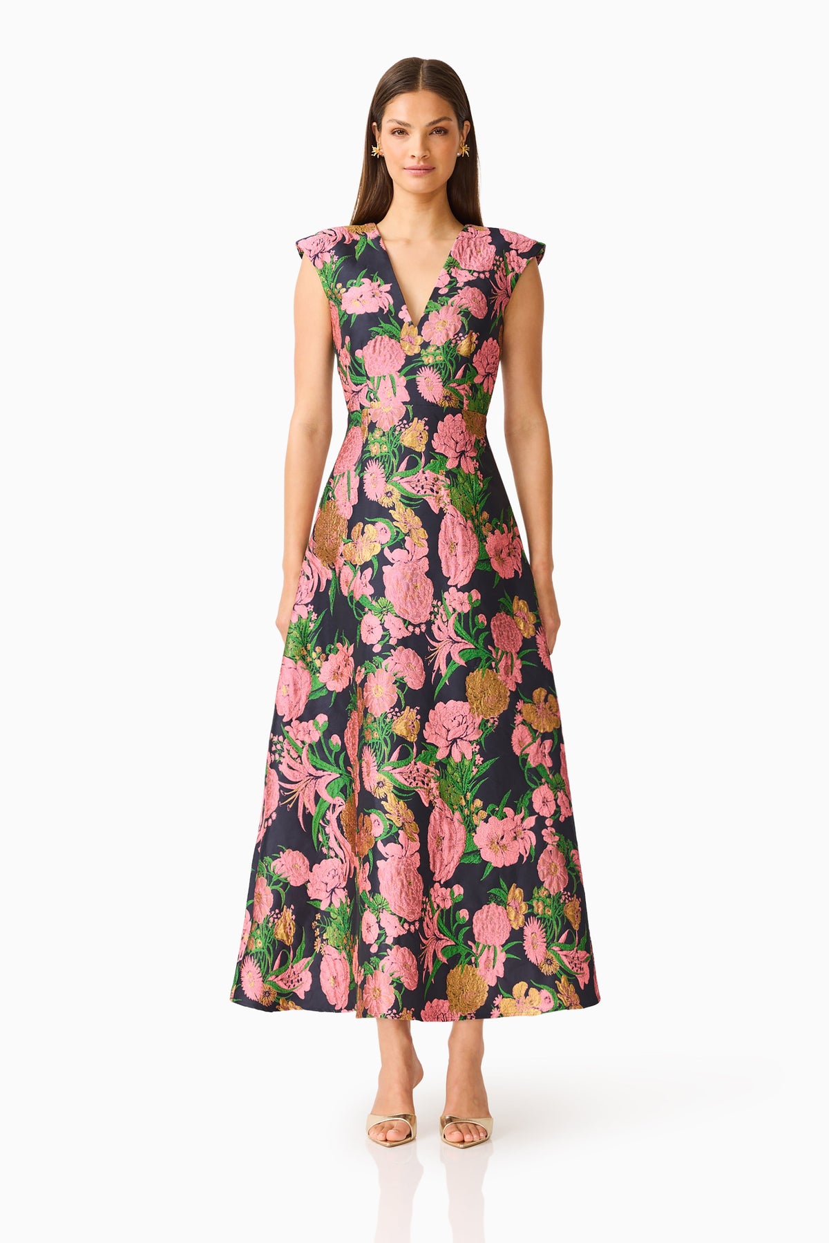 Eclore V-Neck Maxi Dress in Pink & Black Floral