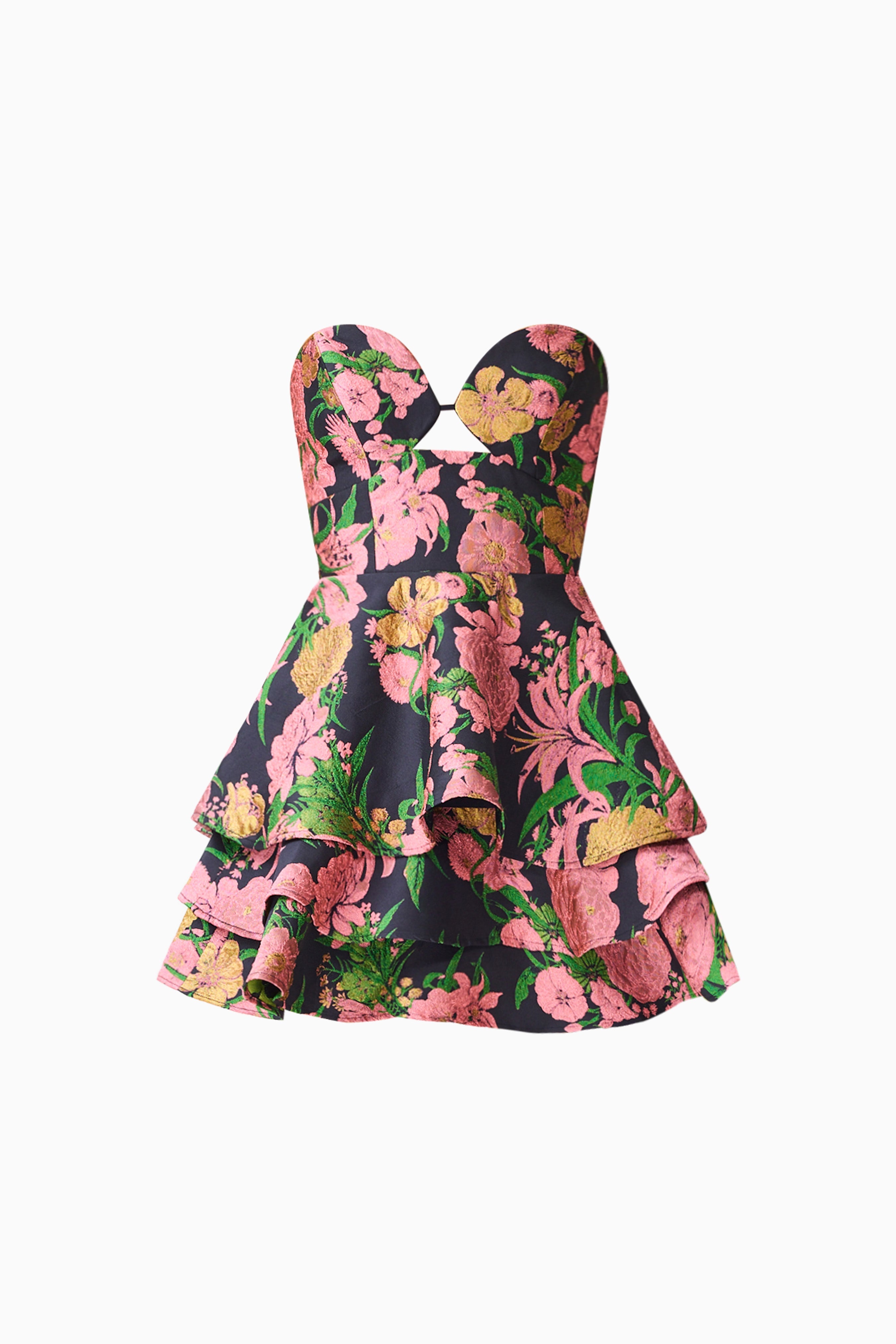 Eclore Tiered Mini Dress in Pink & Black Floral