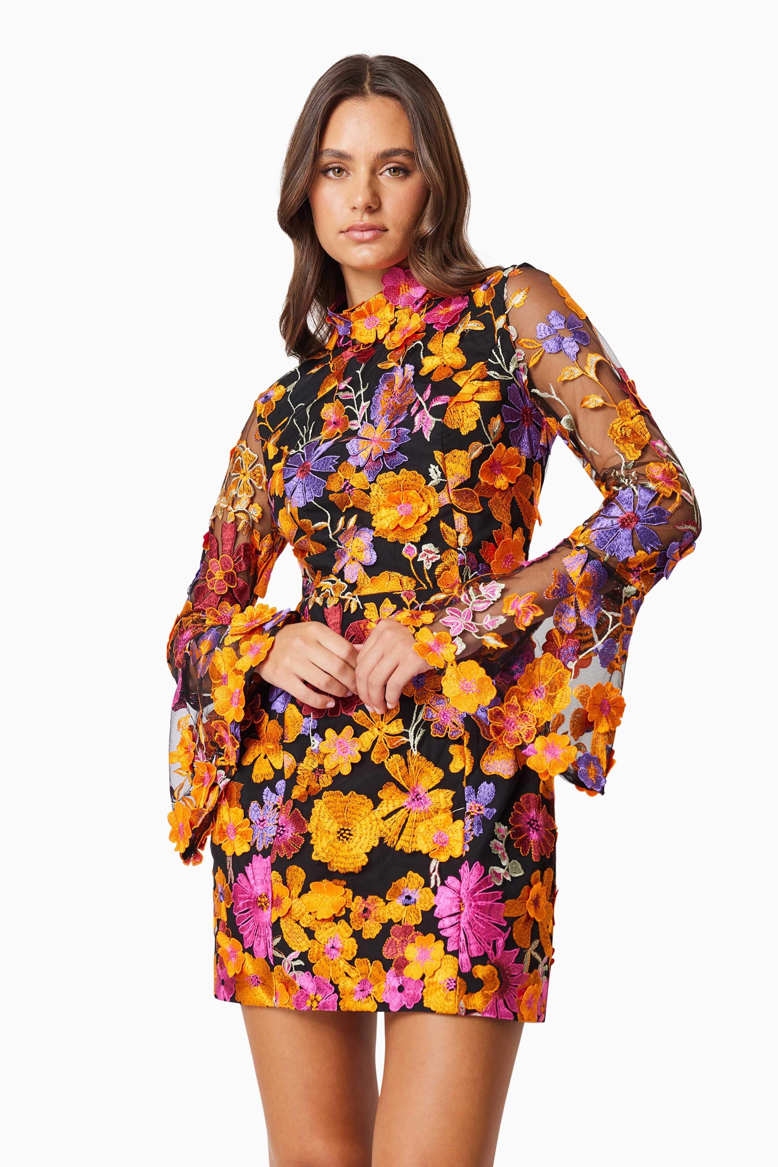 Alessandra Floral Long Sleeve Mini Dress In Orange