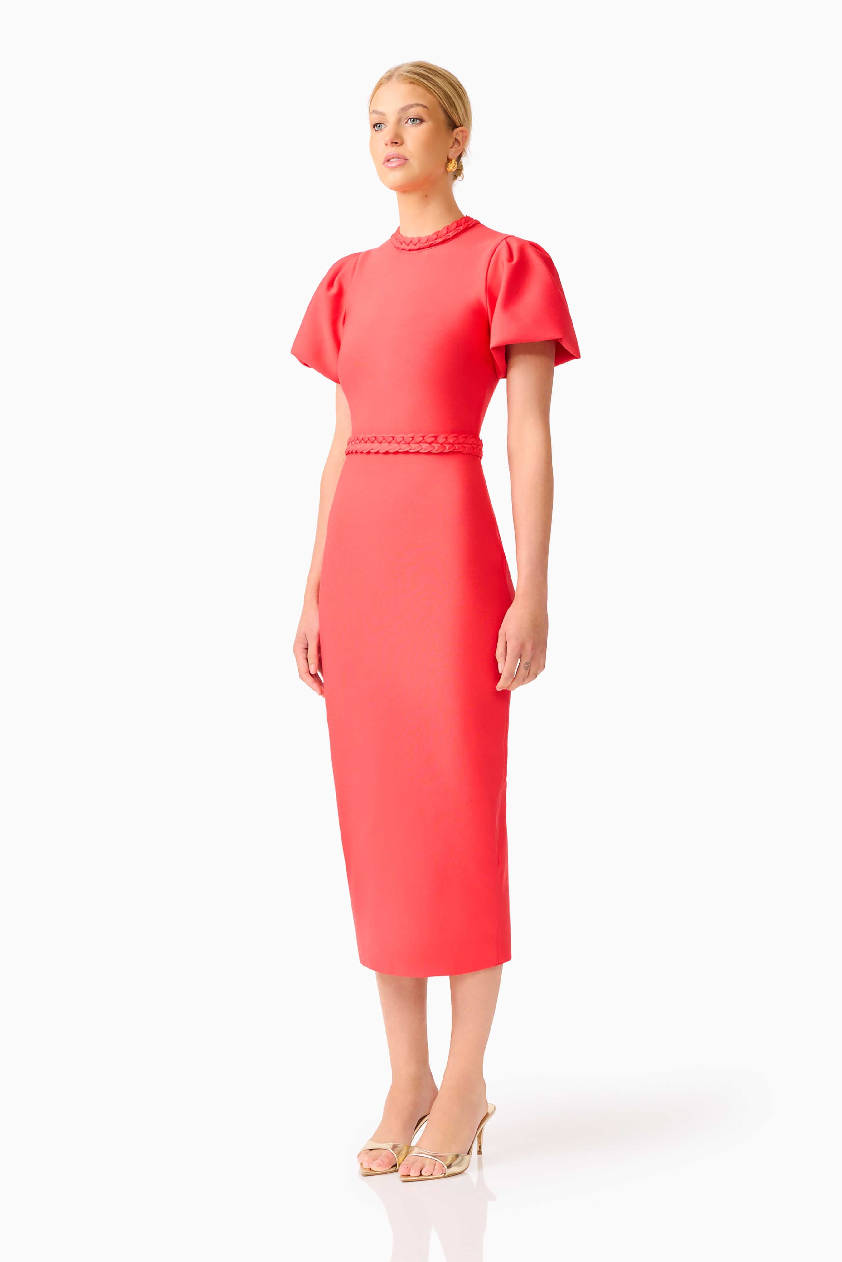 Coralene Puff Sleeve Midi Dress in Red