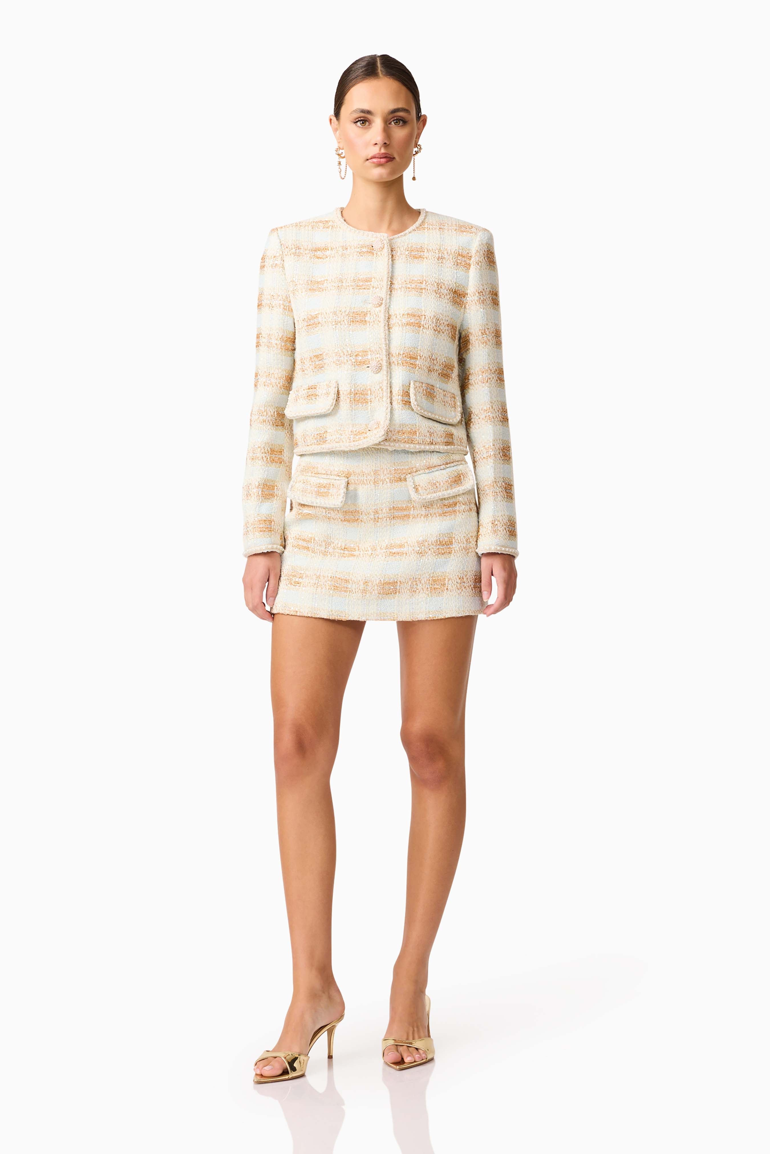 Ashlyn Long Sleeve Tweed Set in White & Gold