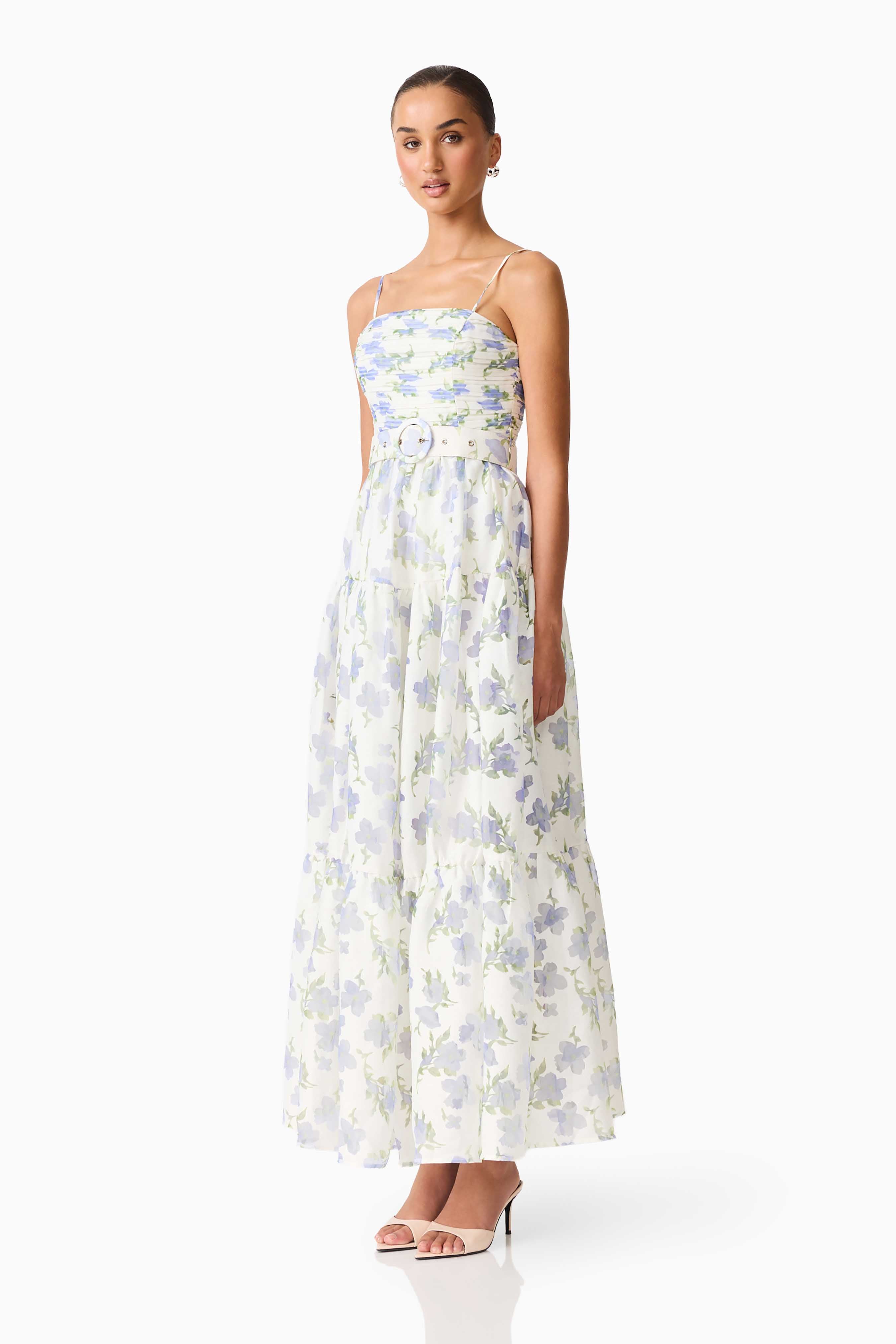 Cleo A-line Gown in White & Blue Floral