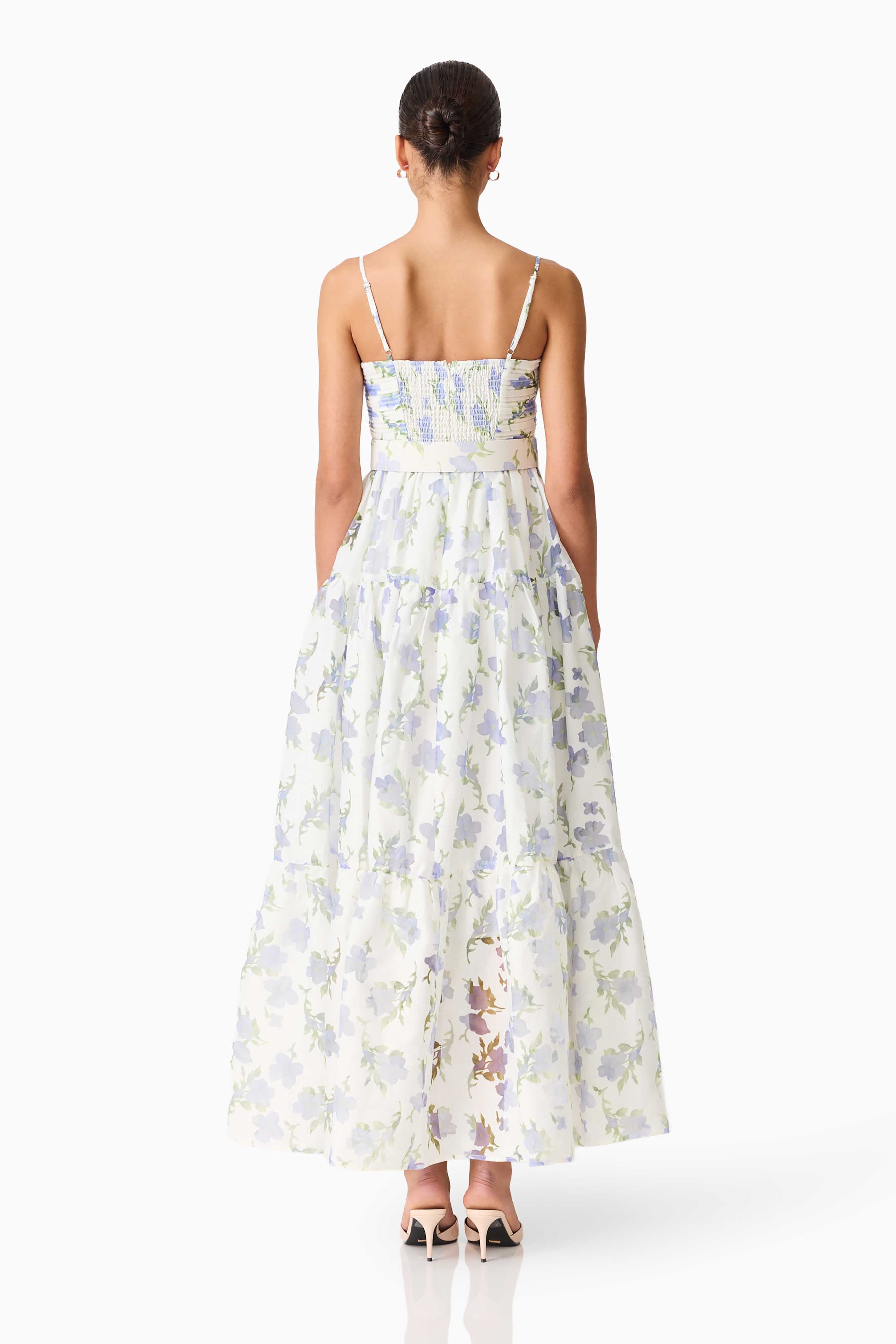 Cleo A-line Gown in White & Blue Floral