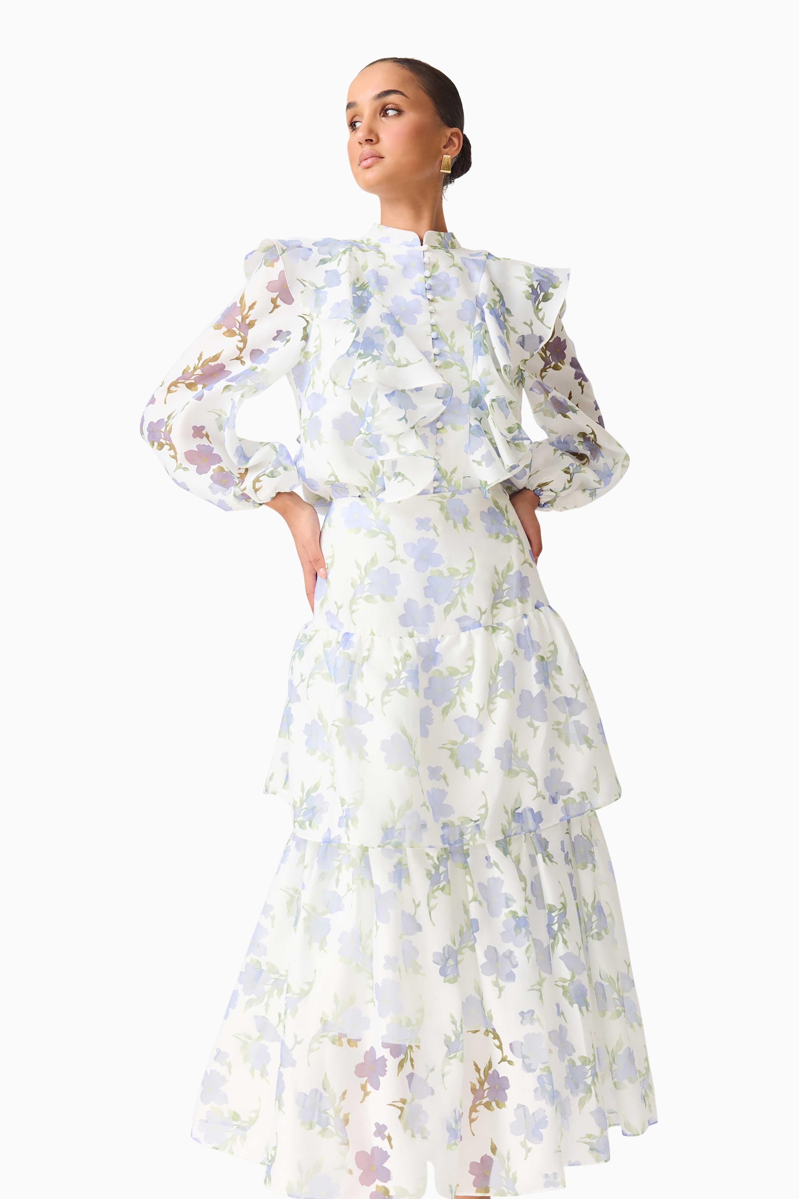 Cleo Top & Skirt Set in White & Blue Floral