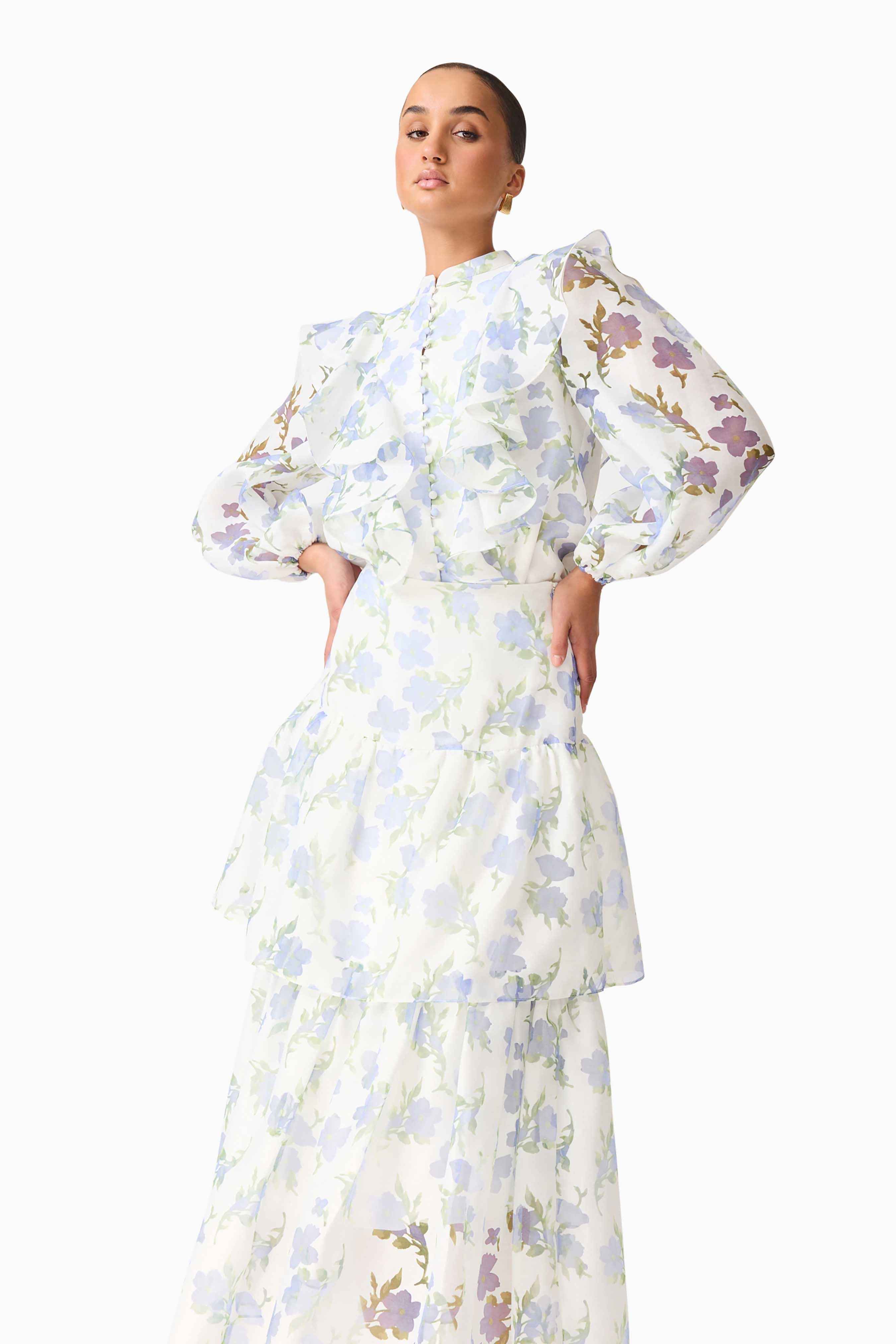 Cleo Top & Skirt Set in White & Blue Floral