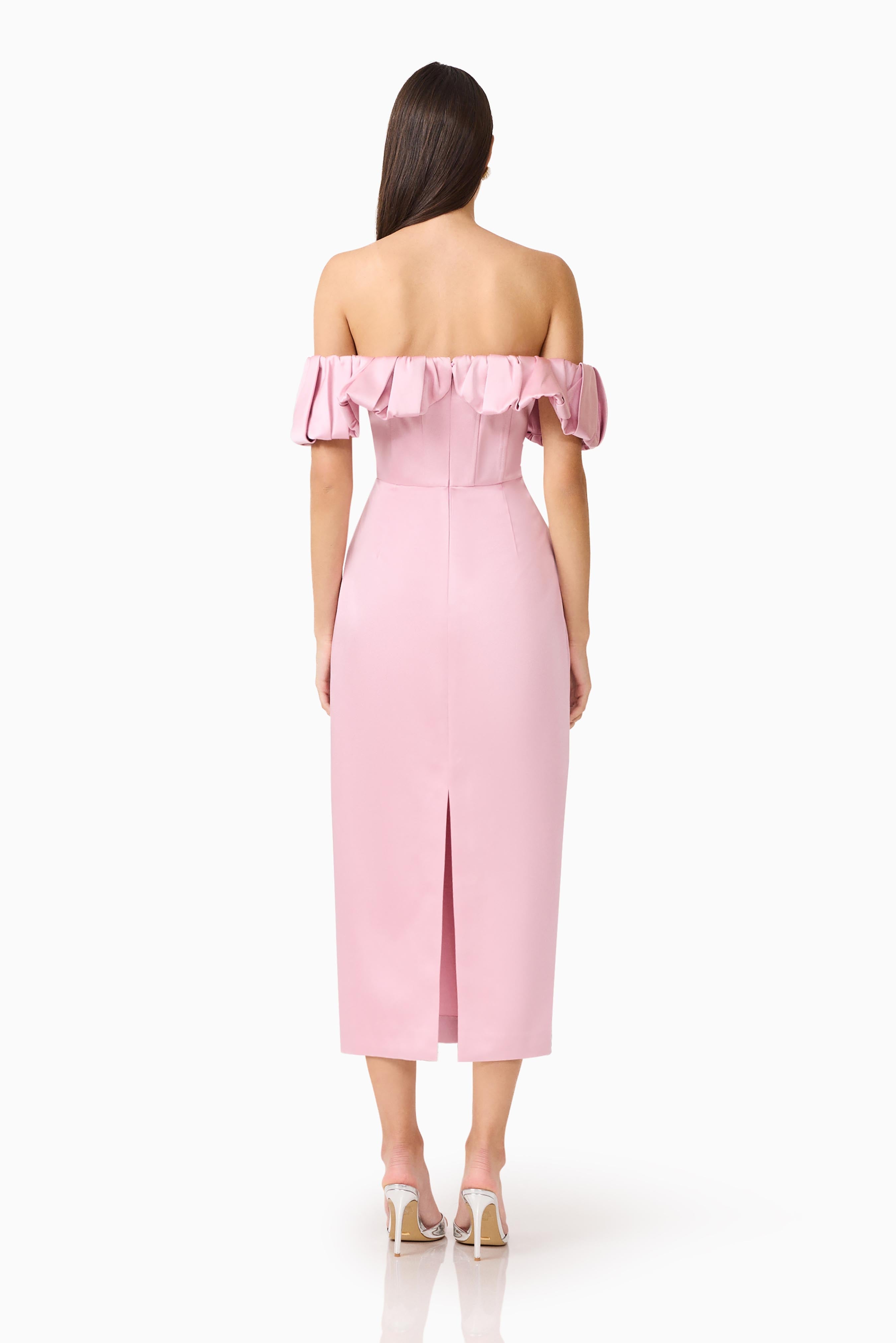 Espera Off Shoulder Midi Dress in Rose Pink