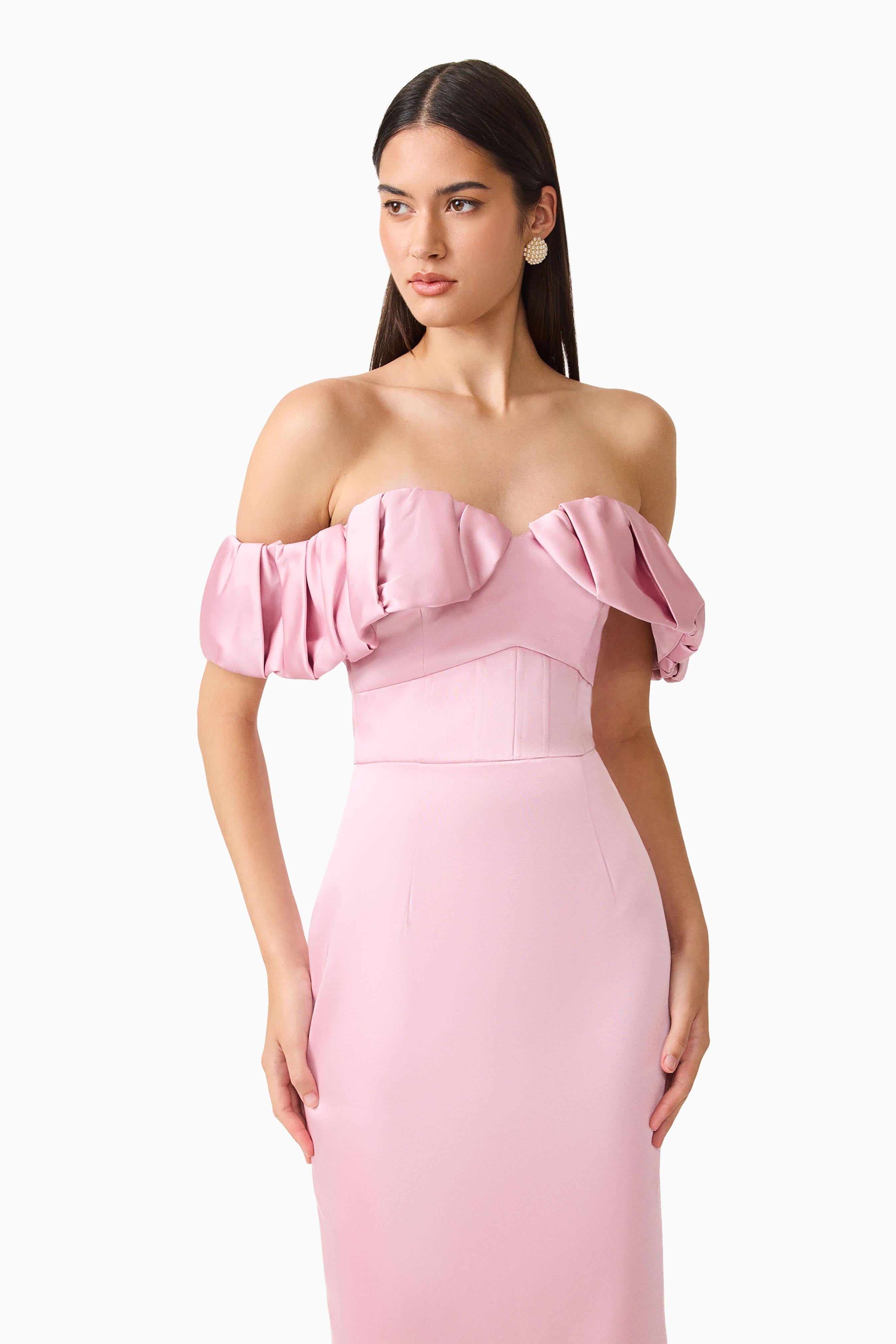 Espera Off Shoulder Midi Dress in Rose Pink