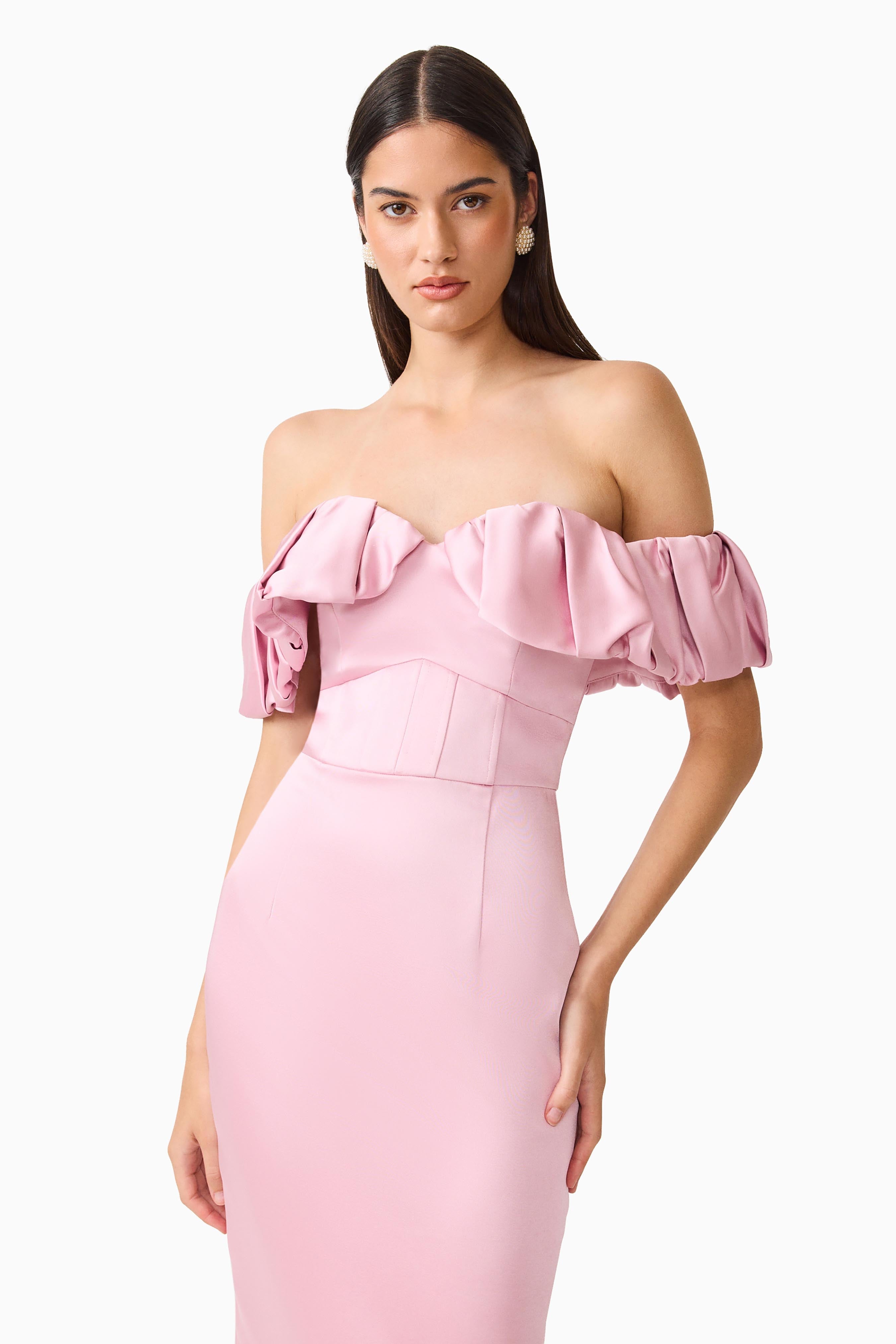 Espera Off Shoulder Midi Dress in Rose Pink