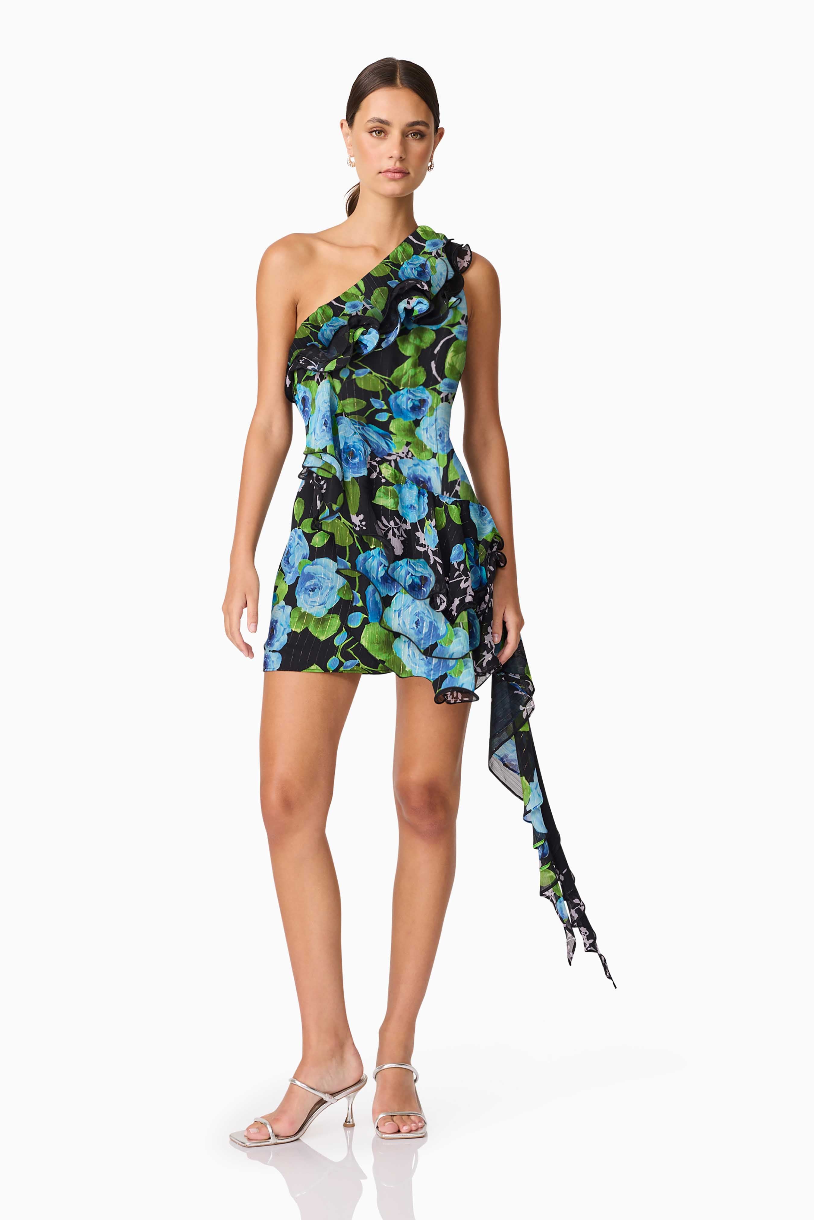 Briony Asymmetrical Mini Dress in Black & Blue Floral