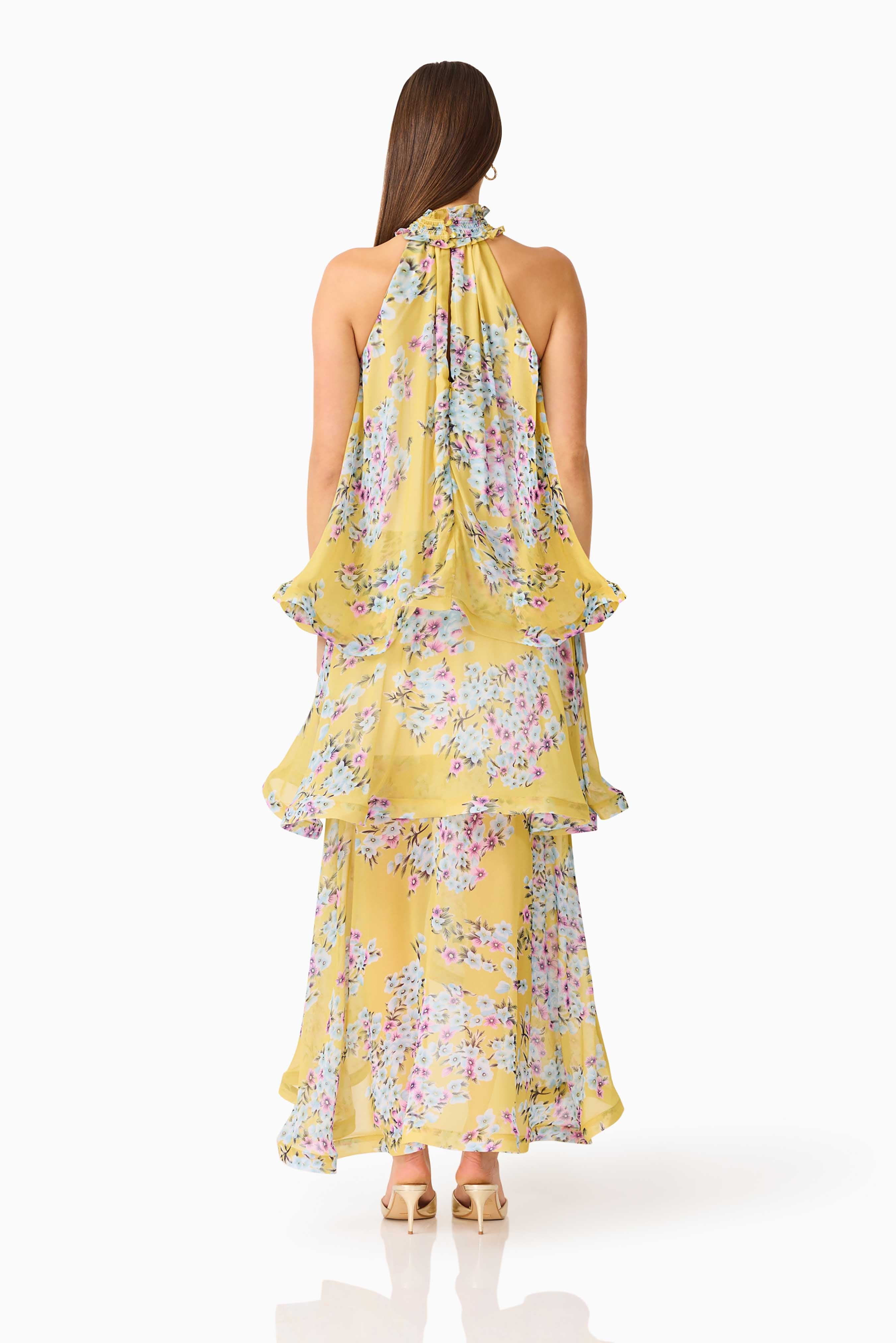 Briony Tiered Gown in Yellow Floral