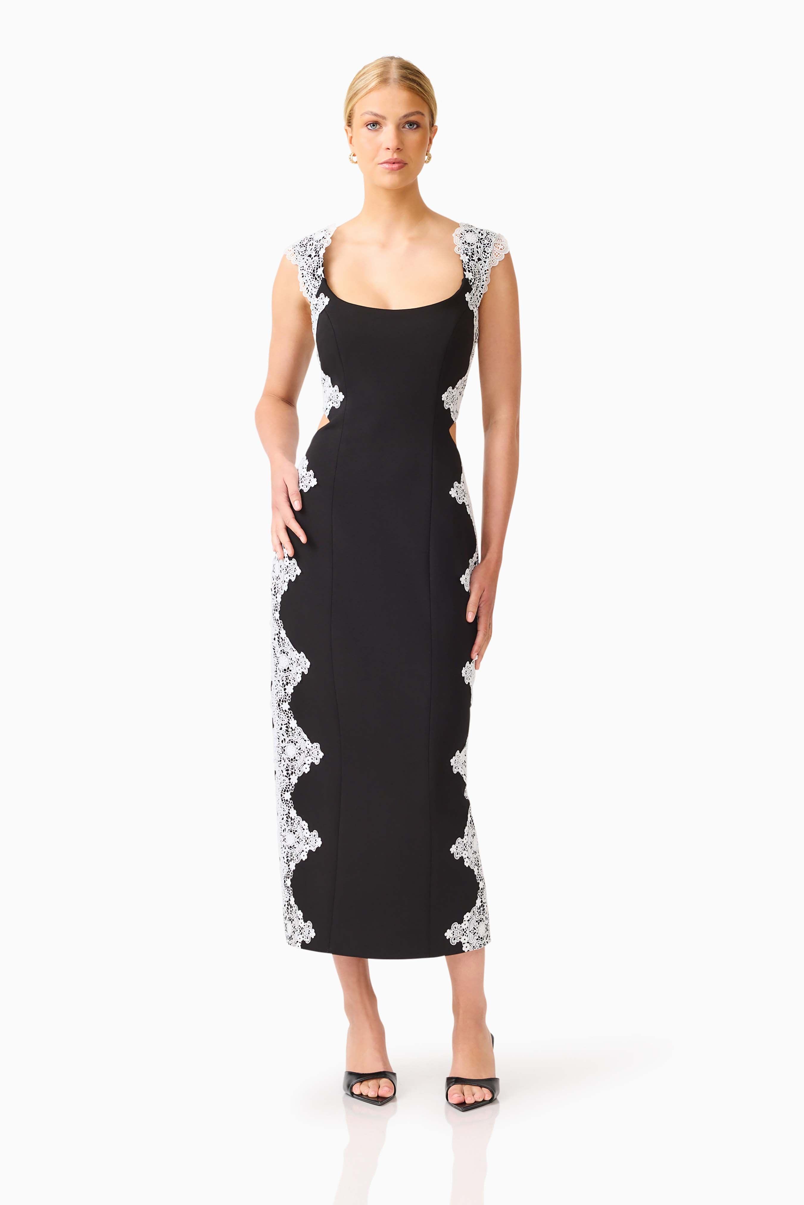 Elysia Lace Midi Dress in Black