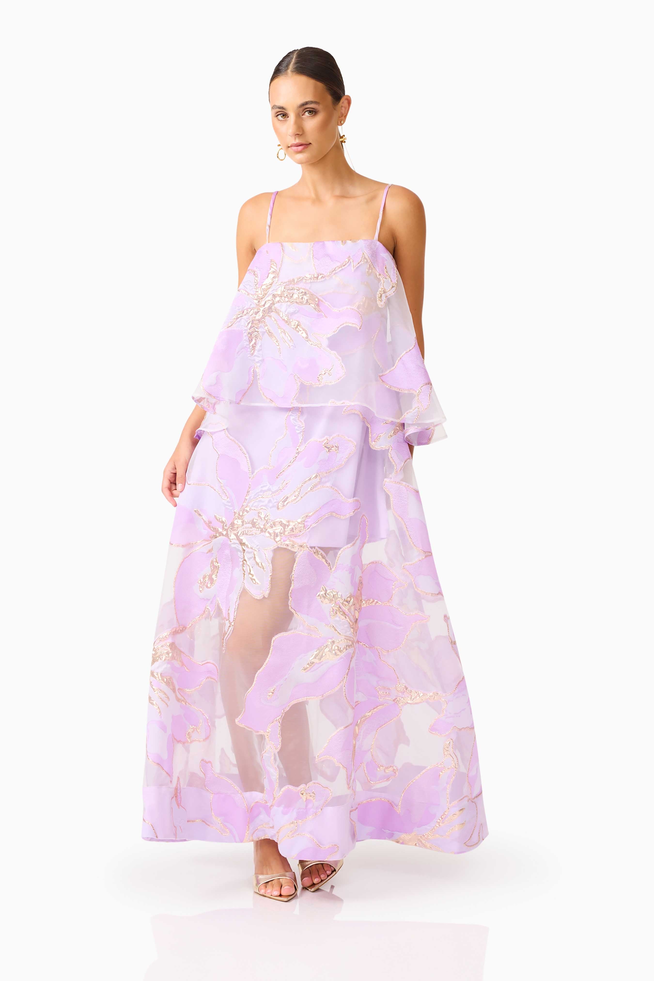 Elysia Tiered Gown in Purple Floral