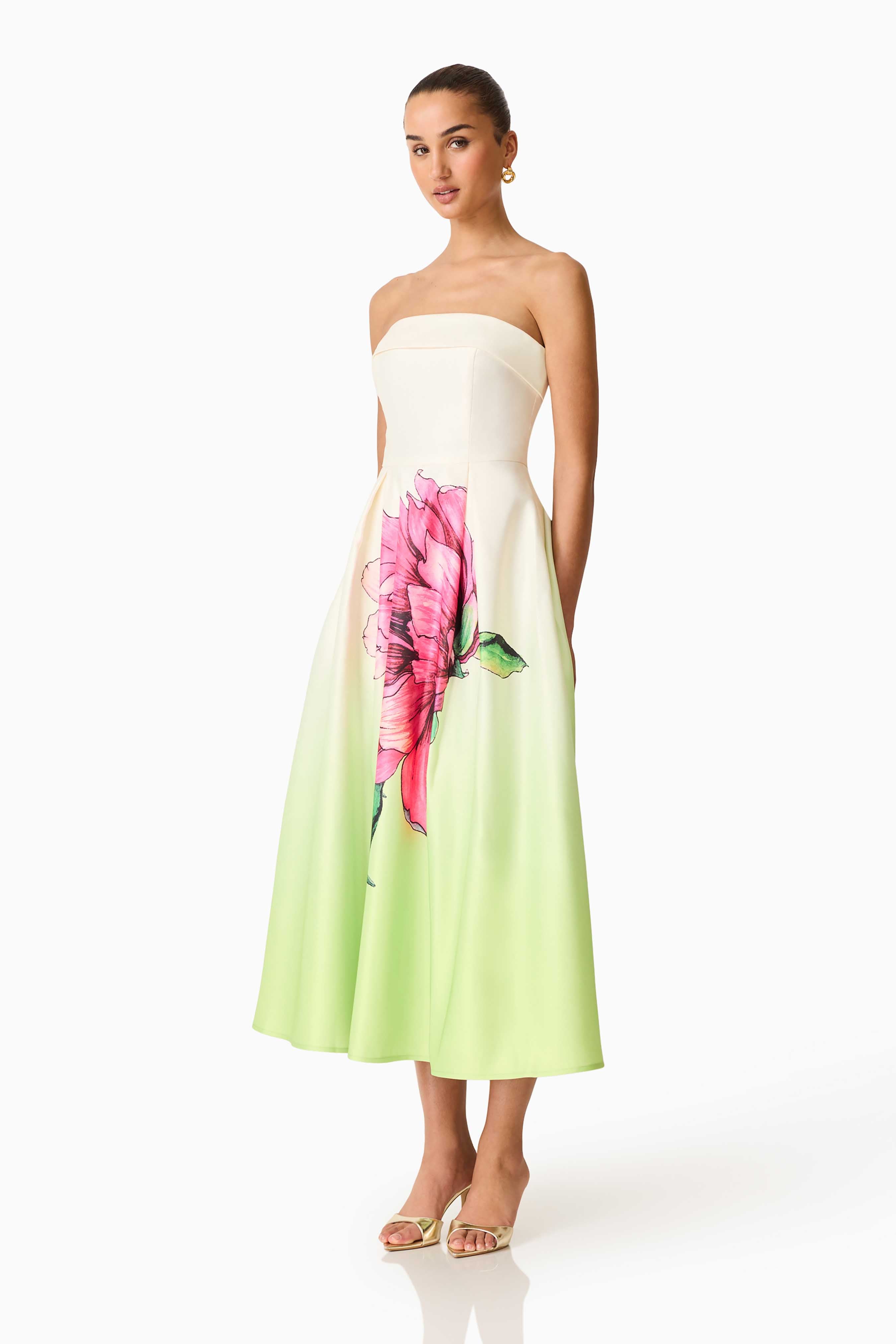 Elisia Strapless Gown in Green & Pink Floral