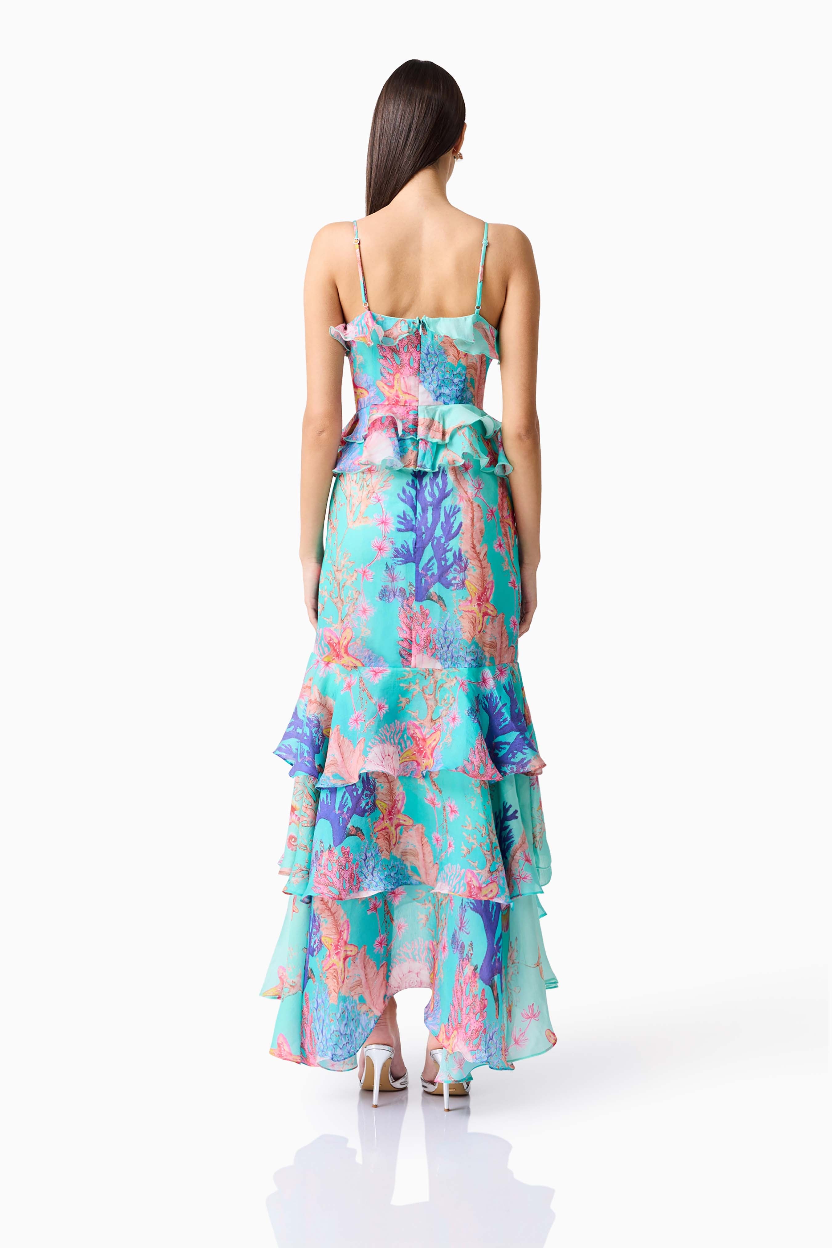Coral Tiered Gown in Blue Multi