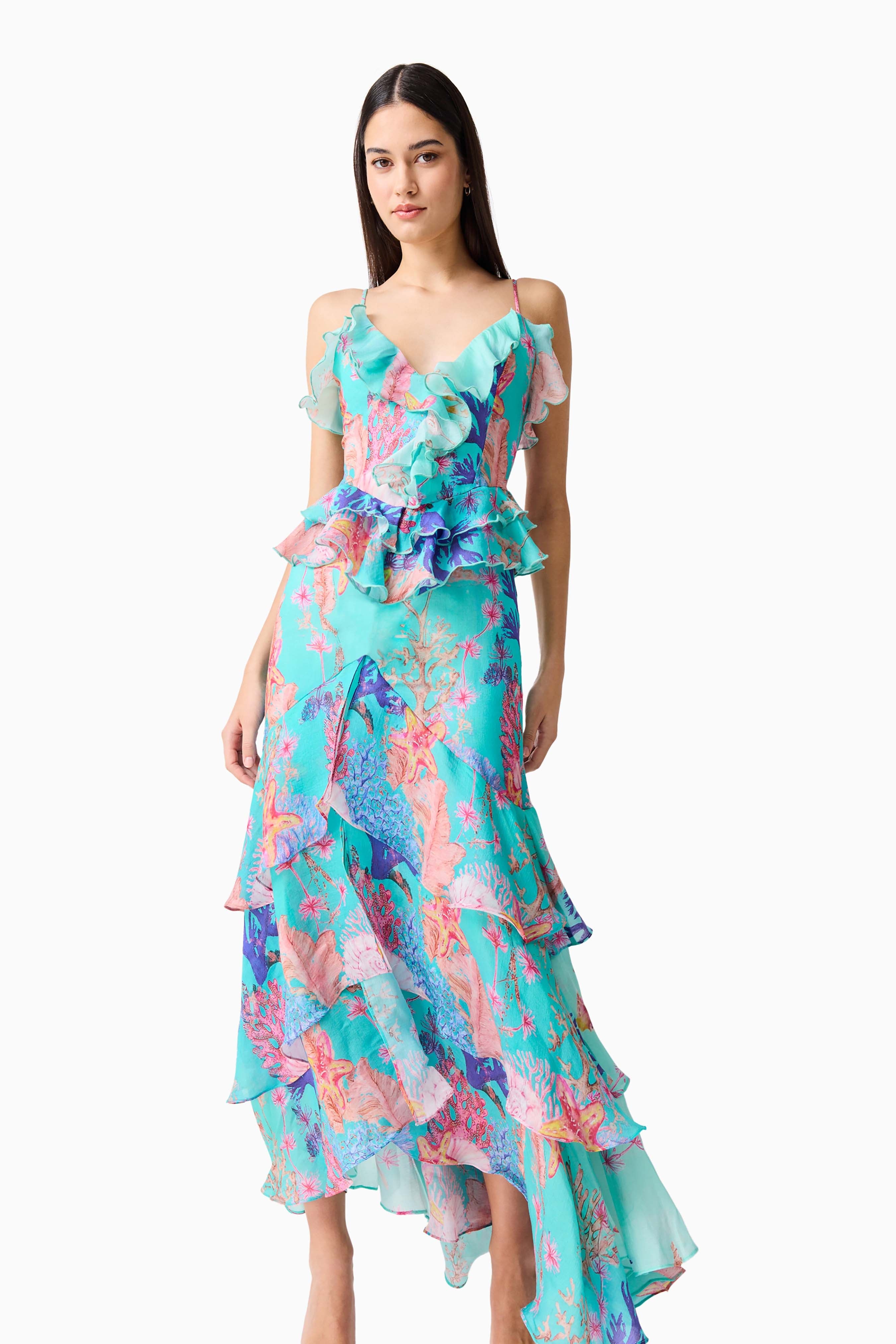 Coral Tiered Gown in Blue Multi