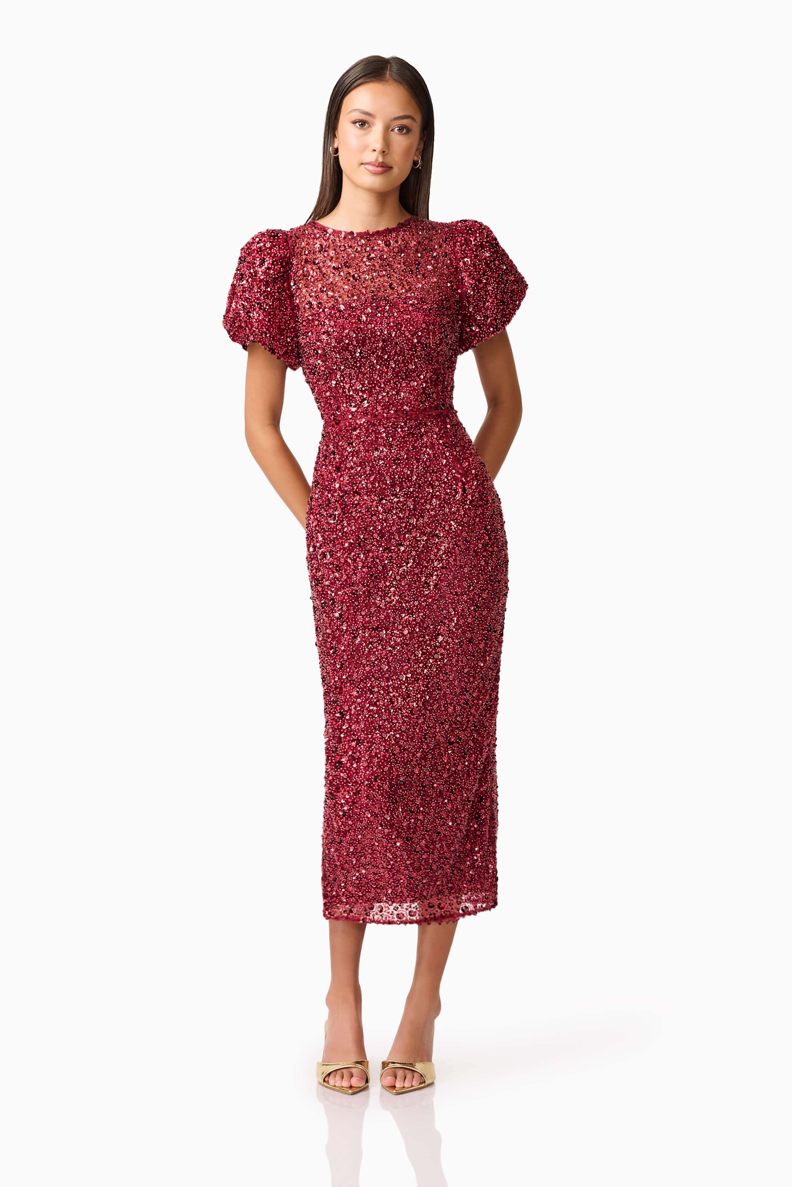 Carmen Puff Sleeve Midi Dress in Red