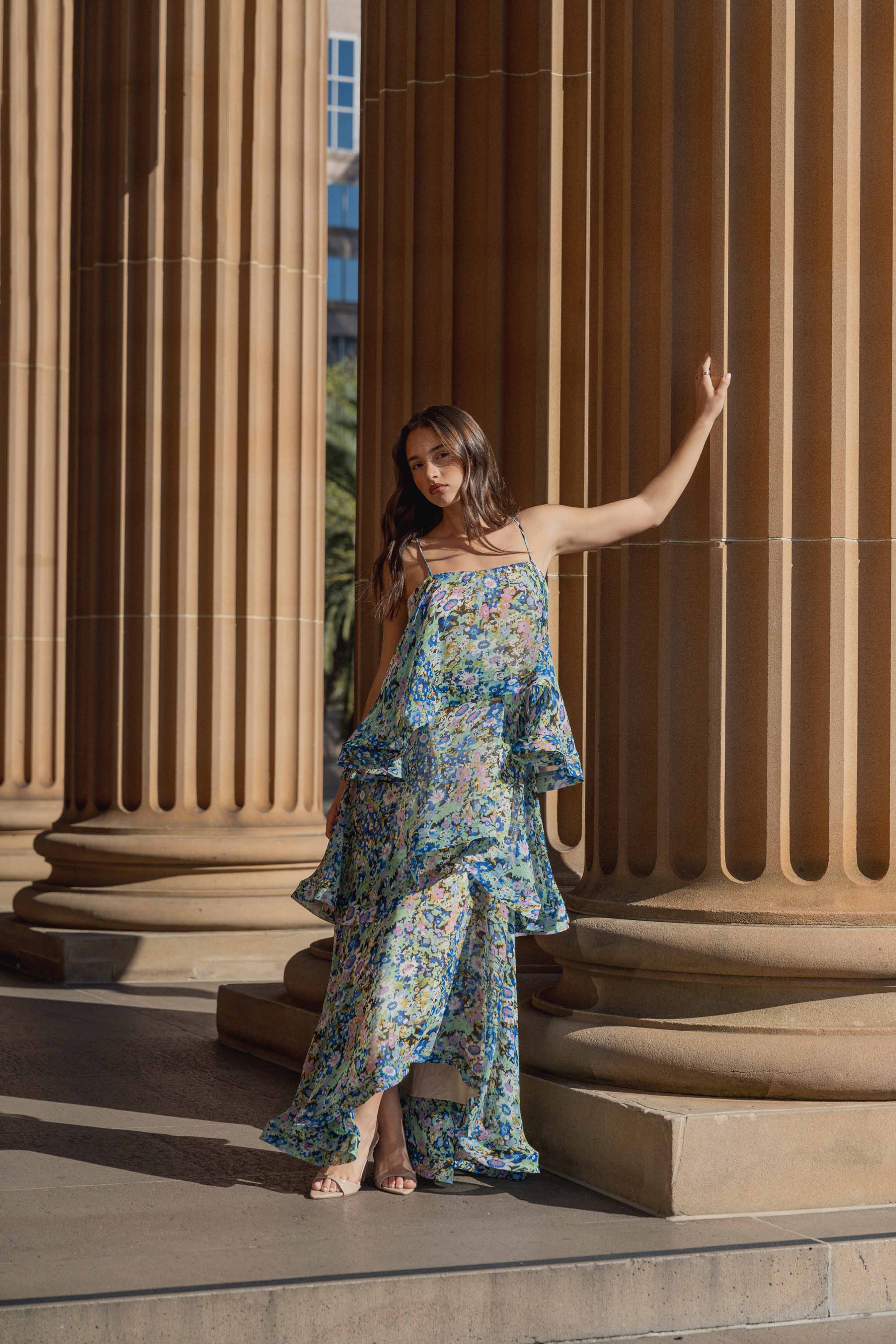 Armani Tiered Maxi Dress In Blue Floral